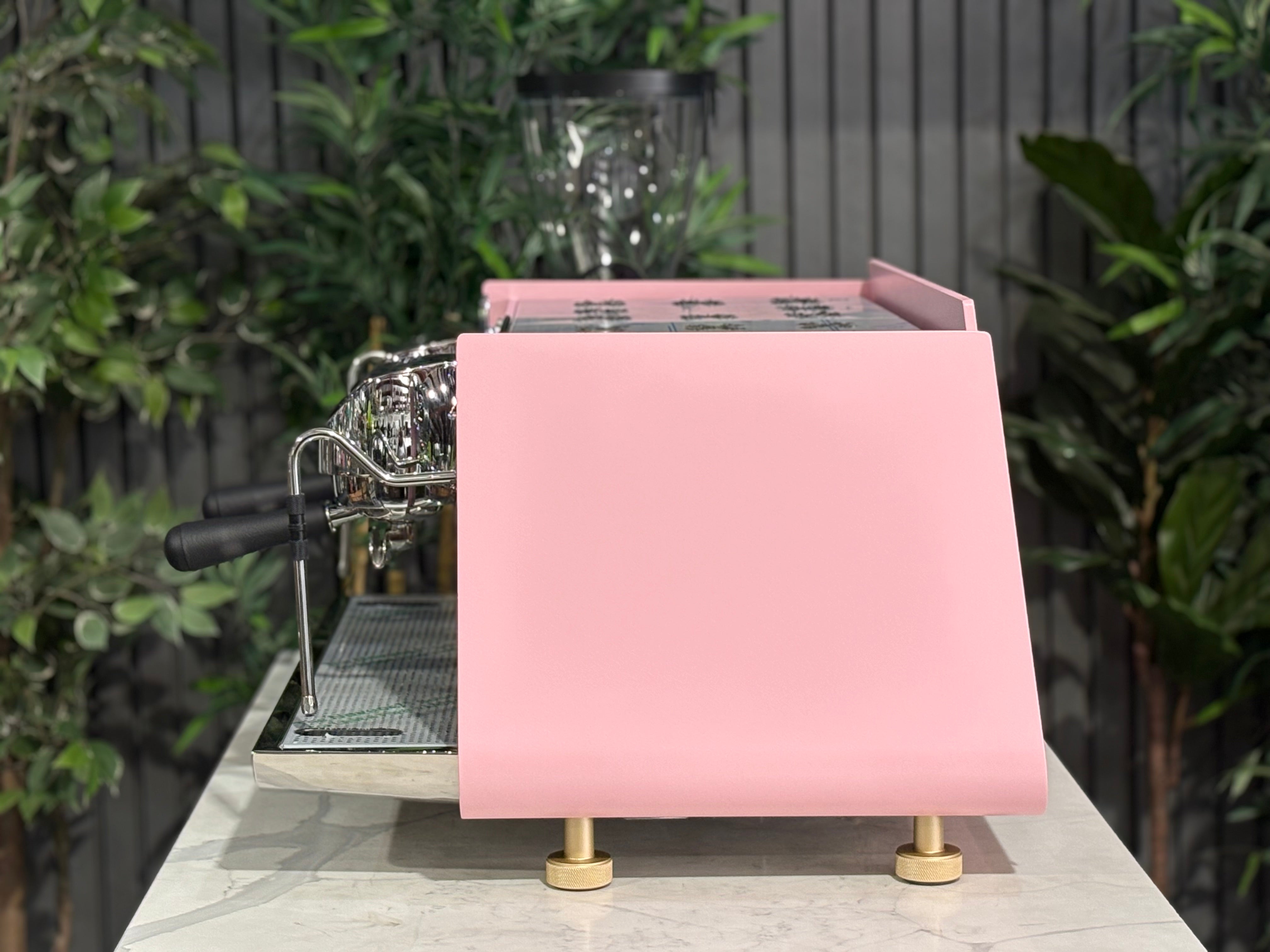 Victoria Arduino Eagle One 2 Group Coffee Machine Custom Pink & Gold side view showcasing unique design and features.