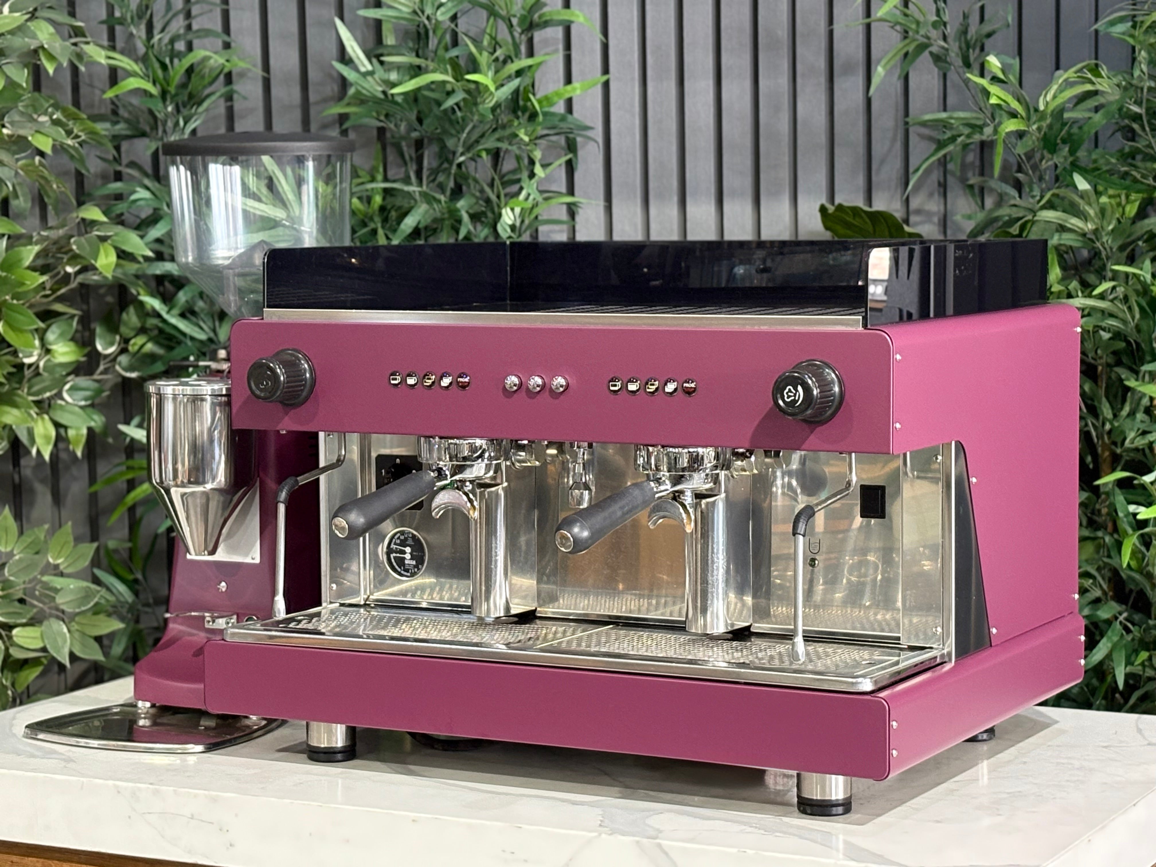 Wega Pegaso EVD 2 Group Coffee Machine & Mazzer Major Electronic Grinder - Used Package in deep pink color