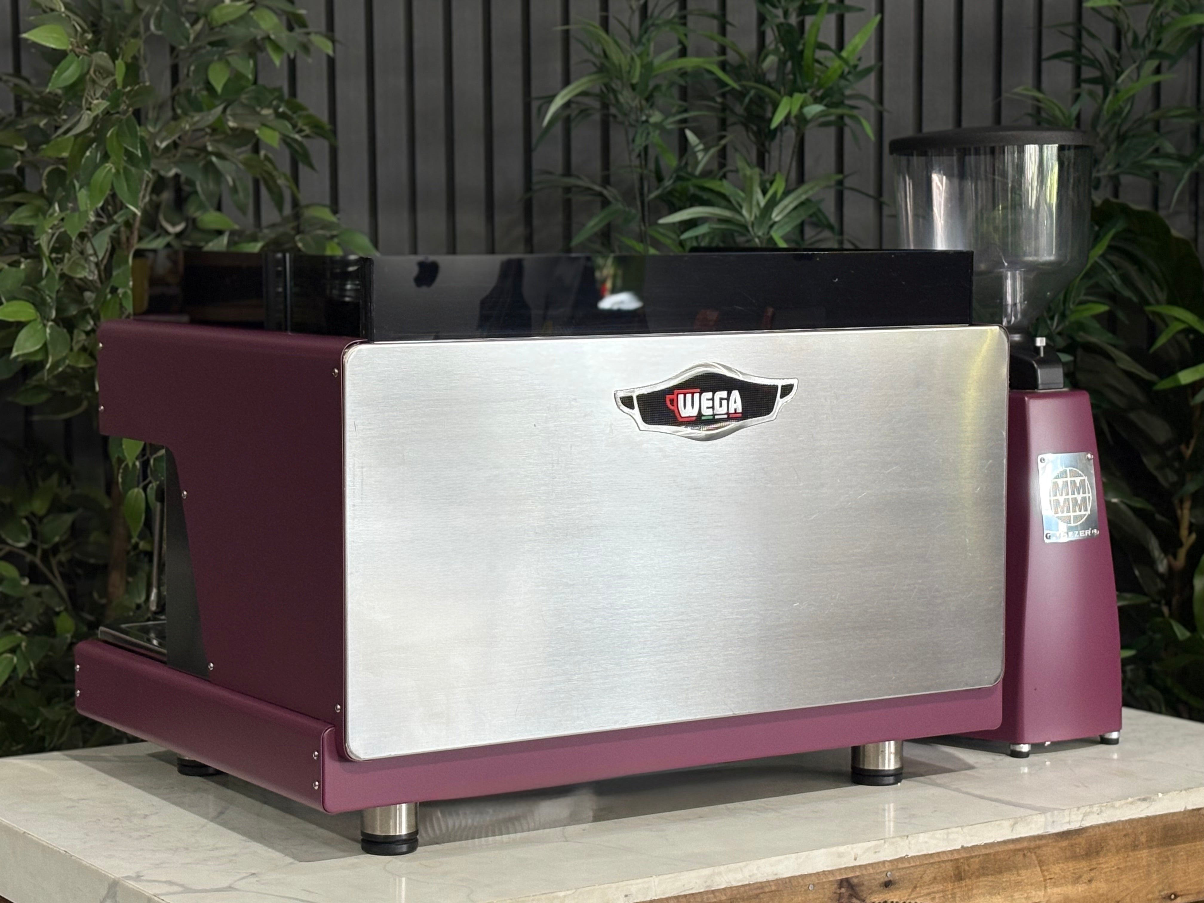 Wega Pegaso EVD 2 Group Coffee Machine & Mazzer Major Electronic Grinder - Used Package in deep pink finish.