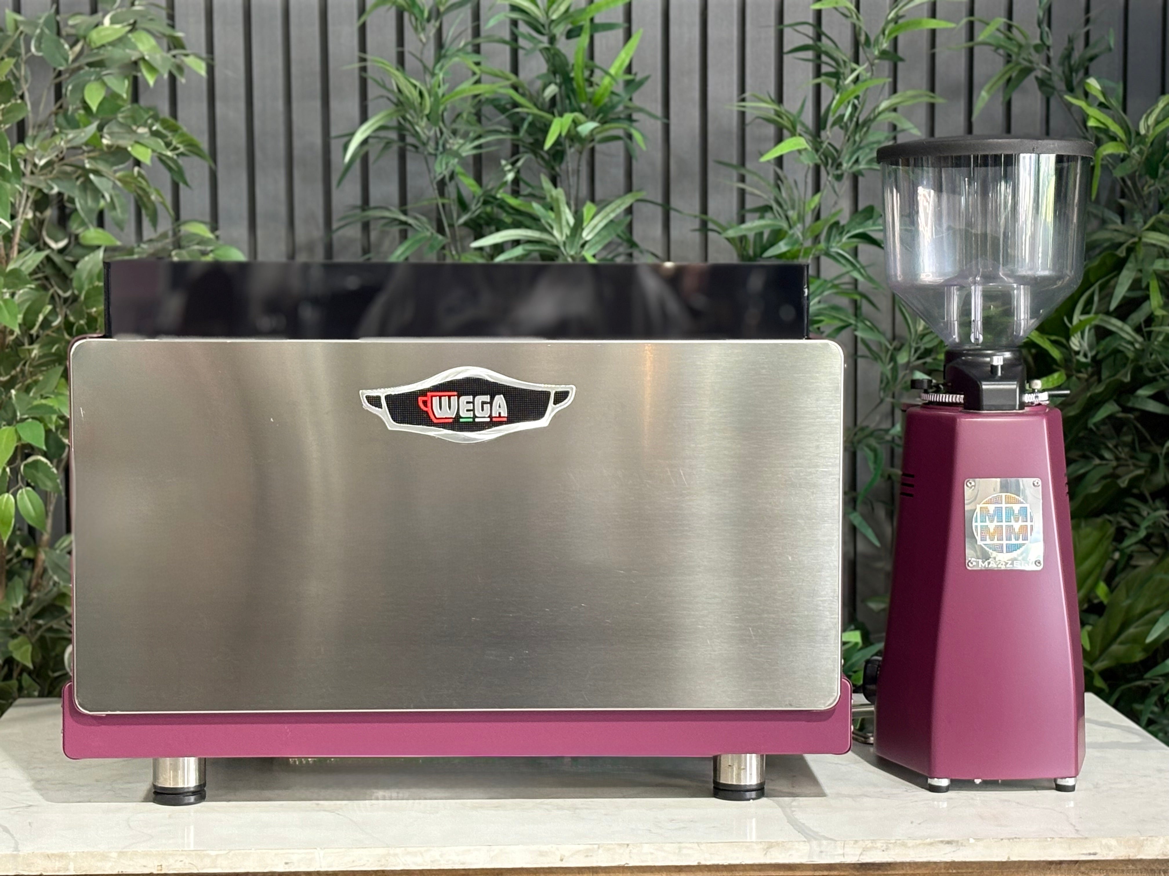 Wega Pegaso EVD 2 Group Coffee Machine & Mazzer Major Electronic Grinder in deep pink, used package, commercial coffee equipment.