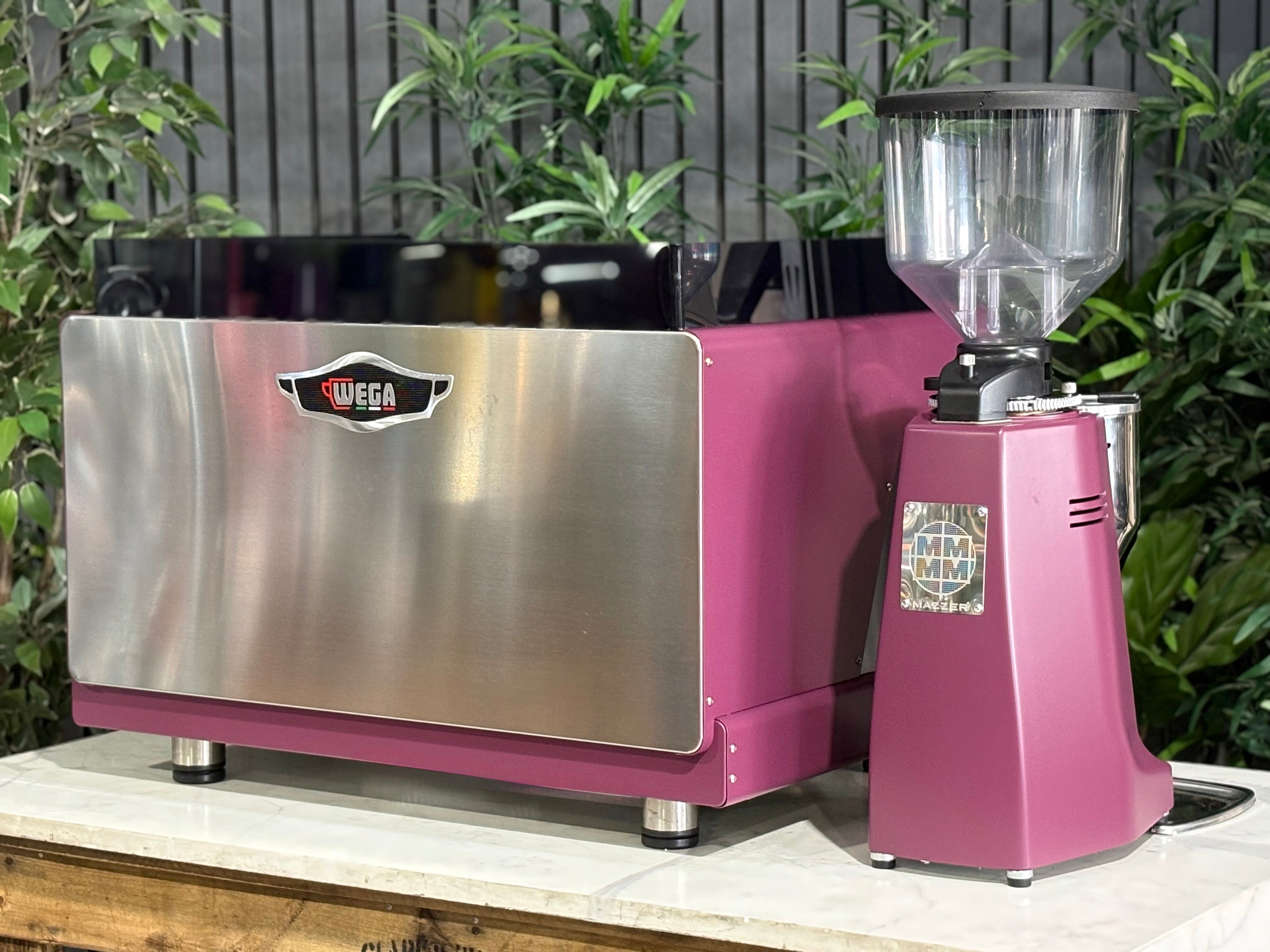 Wega Pegaso EVD 2 Group Coffee Machine & Mazzer Major Electronic Grinder in deep pink finish
