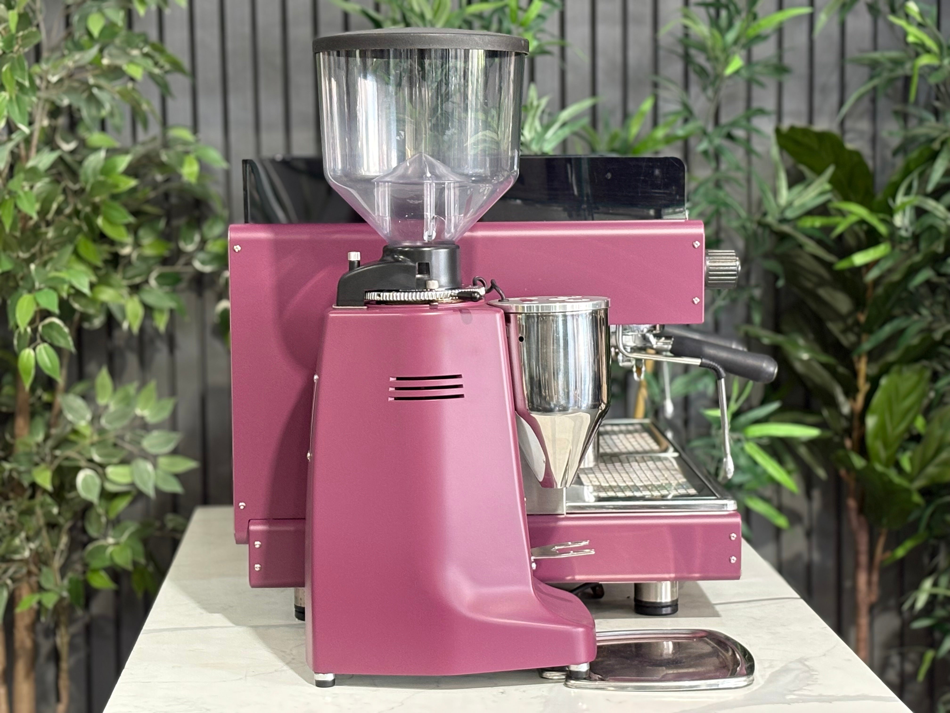 Wega Pegaso EVD 2 Group Coffee Machine & Mazzer Major Electronic Grinder in deep pink color
