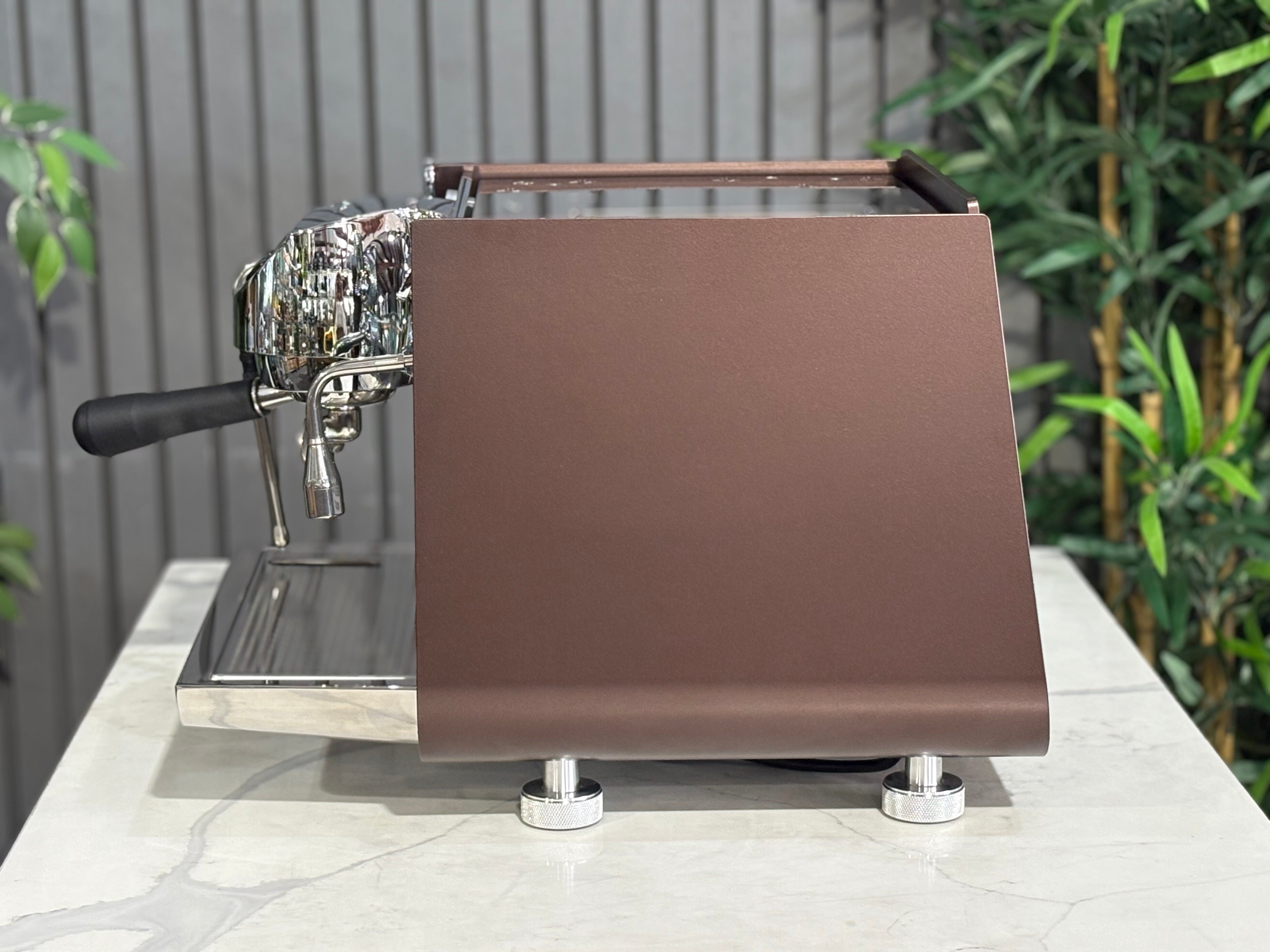 Side view of the Victoria Arduino Eagle One Prima 1 Group Espresso Machine in custom burnished copper finish.