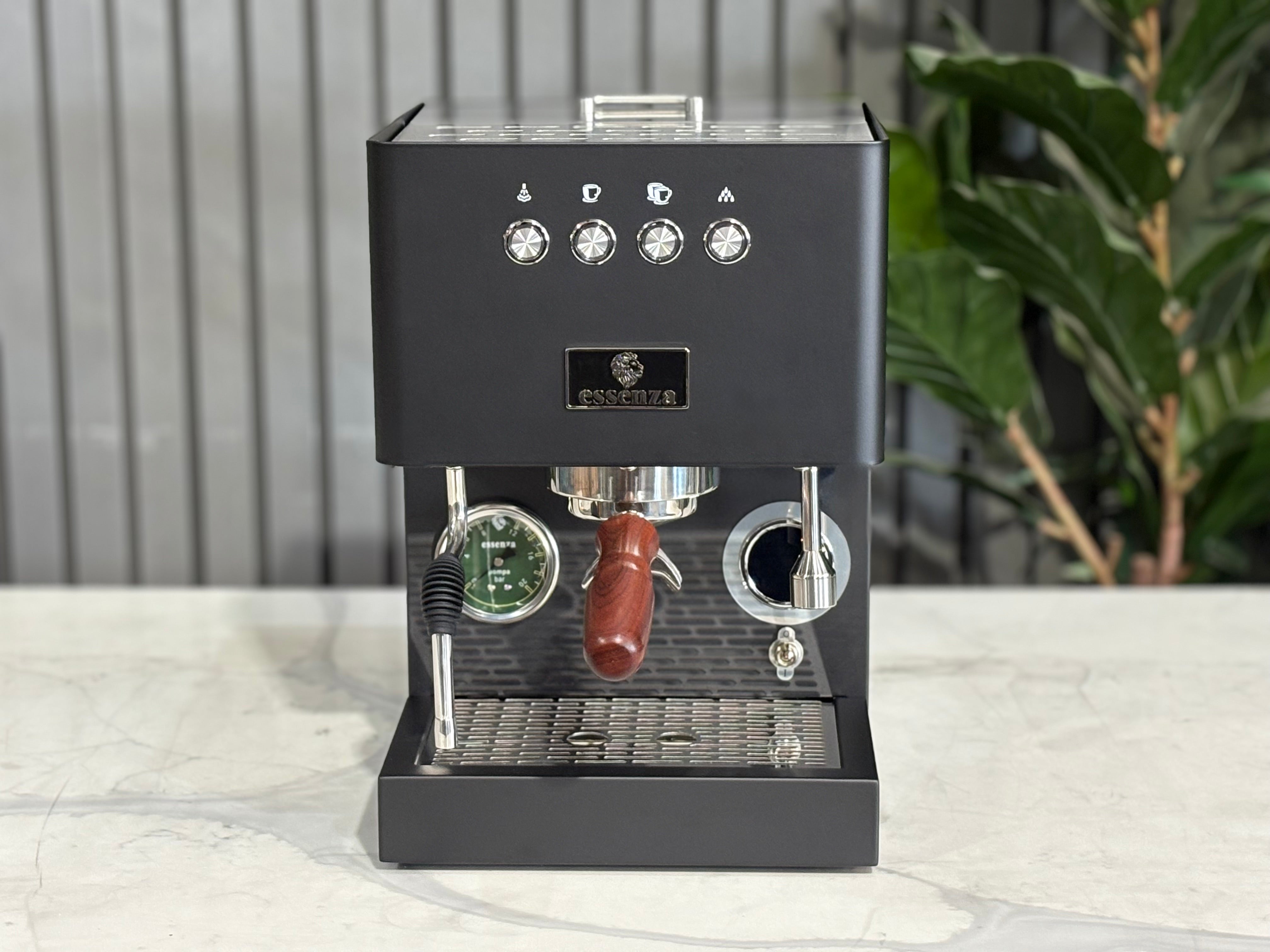 Essenza Nina 1 Group Coffee Machine Stainless in sleek black design with stainless steel features and performance gauges.