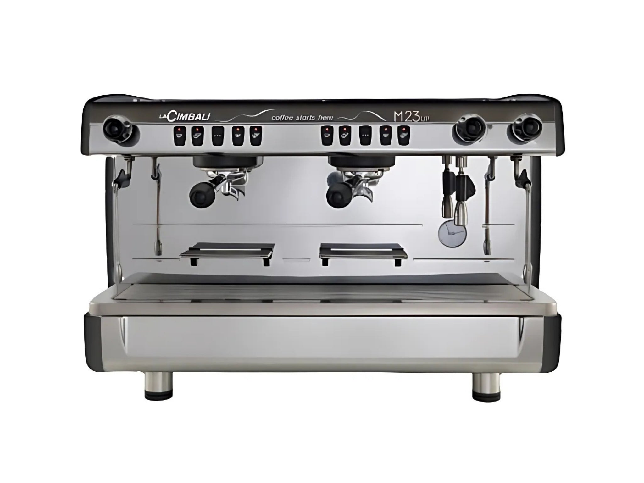 A brand new La Cimbali M23 UP 2 Group Coffee Machine with Black finish on a white background. The machine is photographed from the front making the controls and group heads visible.