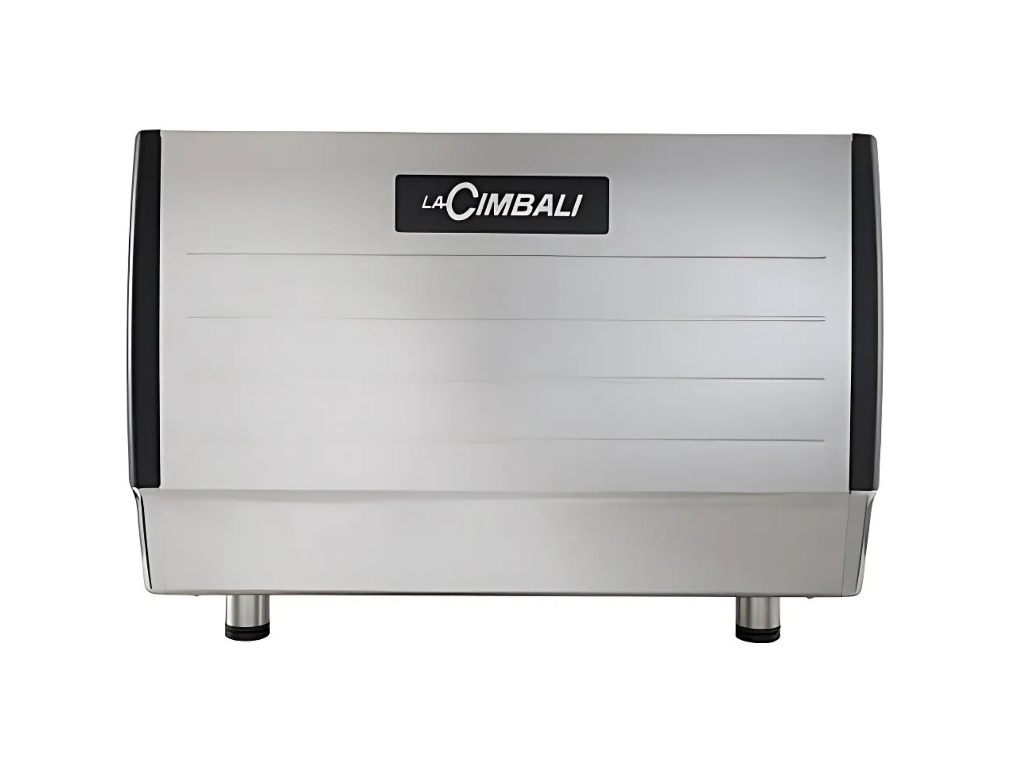 A brand new La Cimbali M23 UP 2 Group Coffee Machine with Black finish on a white background. on a white background. The machine is photographed from behind, the back panel of the machine is visible with the logo.