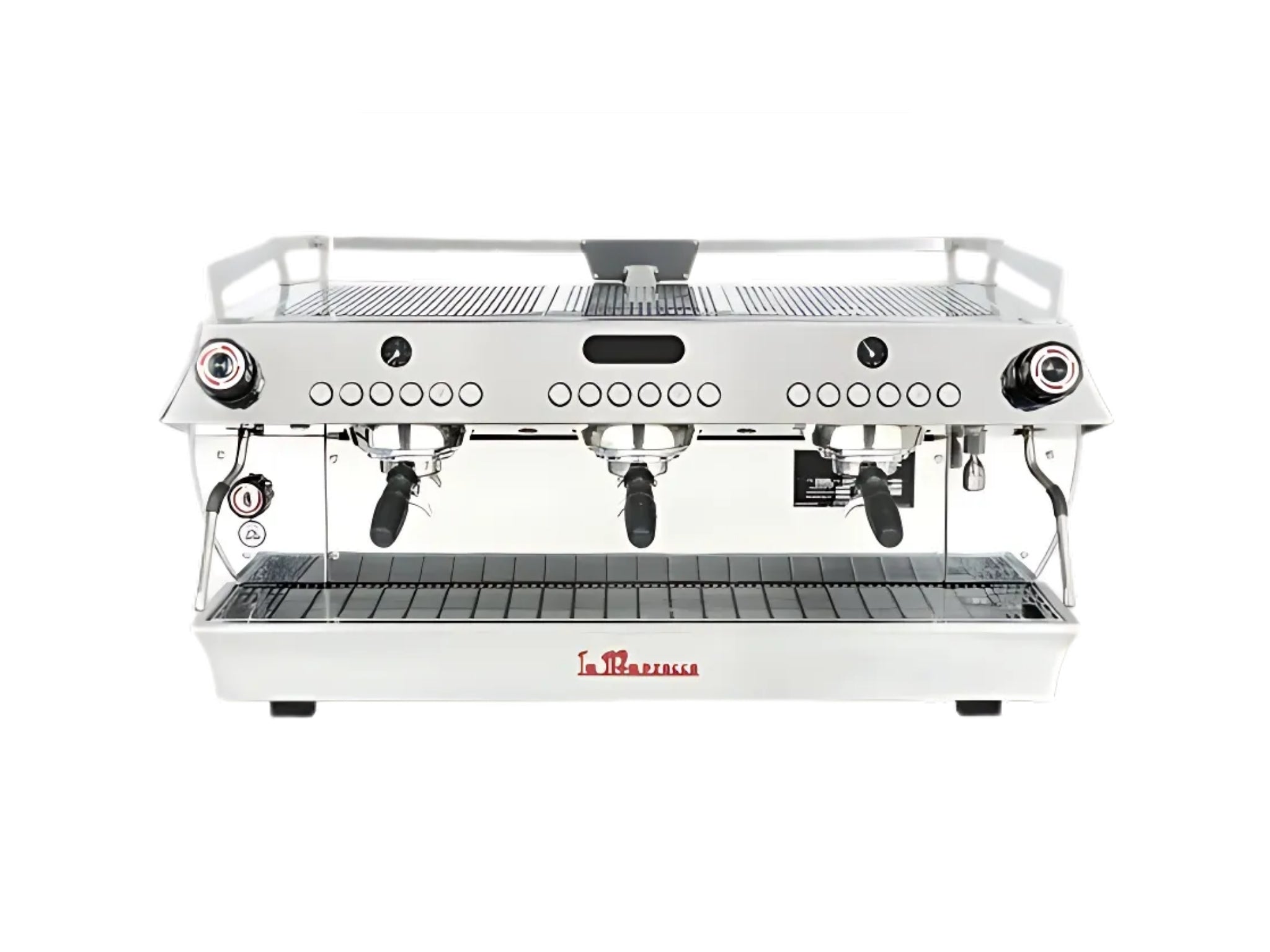 La Marzocco GB5 S 3 Group Coffee Machine Stainless - New front view with top visible, displaying cup tray surface, stainless steel finish, three group heads, and dual steam wands on a white background.