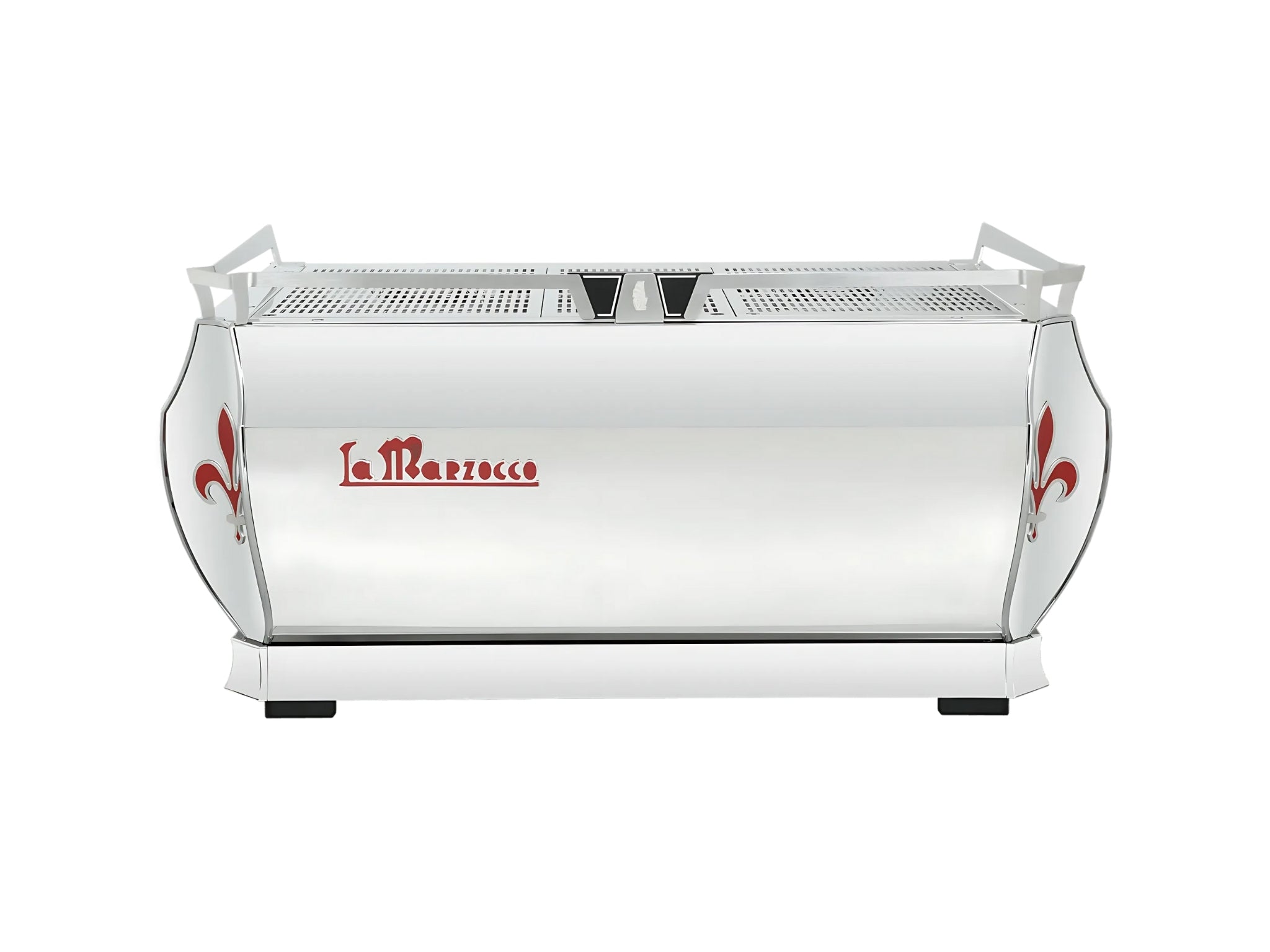 La Marzocco GB5 S 3 Group Coffee Machine Stainless - New espresso machine rear view on white background, highlighting the stainless steel back panel with signature red lily side accents.