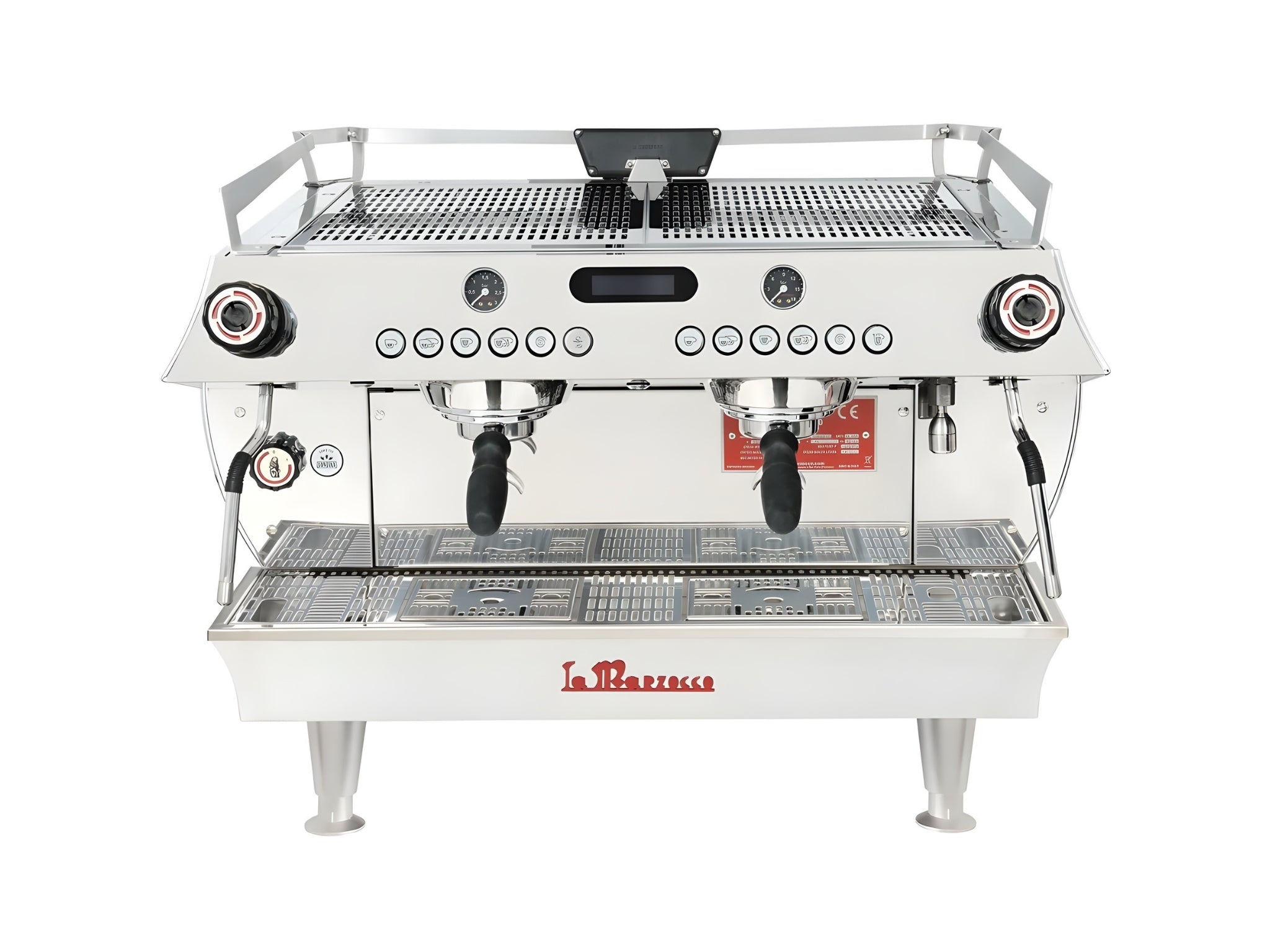 La Marzocco GB5 S ABR 2 Group Coffee Machine Stainless - New front view showing top cup tray, group heads, and barista lights on this stainless steel espresso coffee machine with integrated ABR scales, on a clean white background.