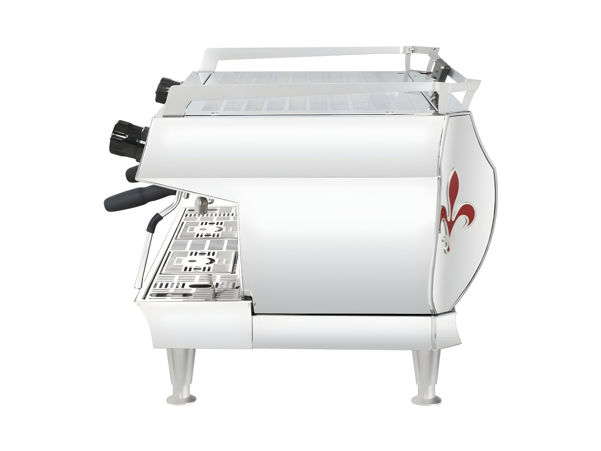 La Marzocco GB5 S ABR 2 Group Coffee Machine Stainless - New side profile showing the stainless steel body, dual boilers, and steam wand positioning on this espresso coffee machine against a clean white background.