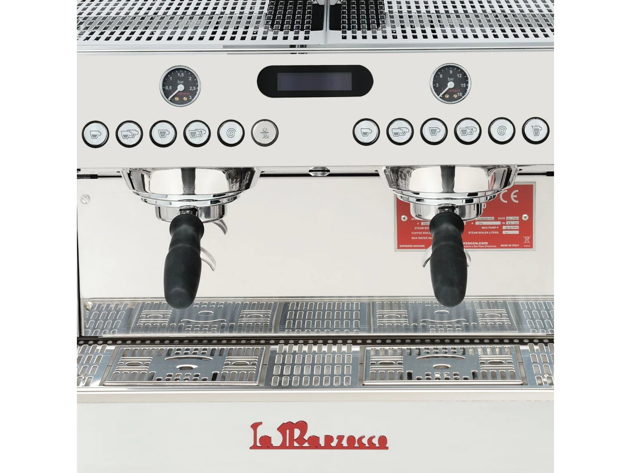 La Marzocco GB5 S ABR 2 Group Coffee Machine Stainless - New close-up front view focusing on dual group heads, digital display, ABR integrated scales in the drip tray, and stainless steel finish of this espresso coffee machine on a white background.