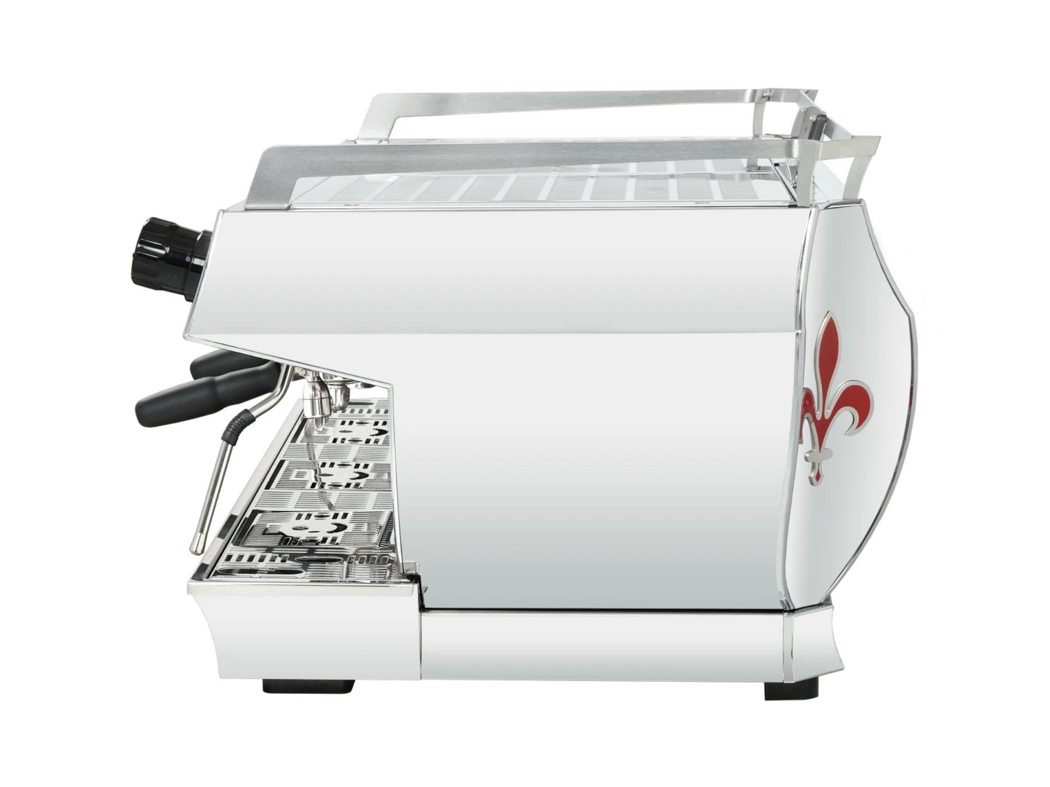 Side profile of the La Marzocco GB5 S ABR 3 Group Espresso Coffee Machine Stainless – New, showing the machine’s sleek stainless housing, curved body lines, and one steam wand on a white background.