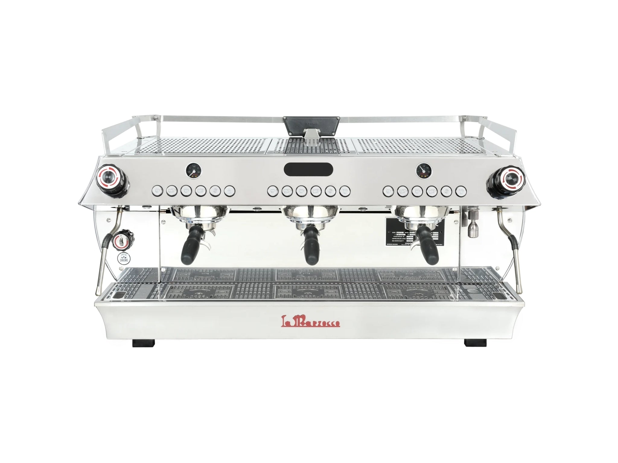 Front view of the La Marzocco GB5 S ABR 3 Group Espresso Coffee Machine Stainless – New, displaying group heads, control panel, dual steam wands, and polished stainless steel finish against a white background.