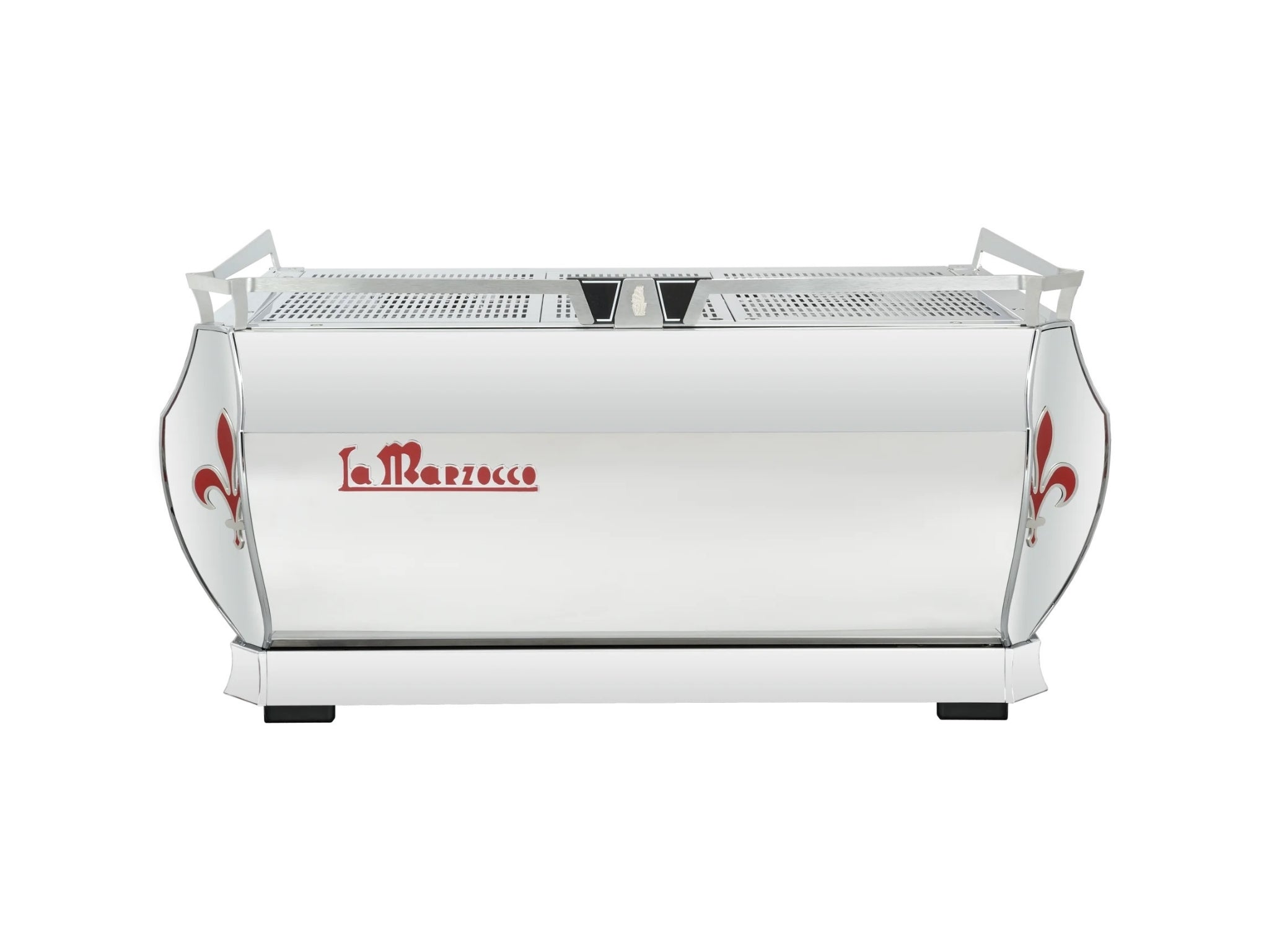 Rear view of the La Marzocco GB5 S ABR 3 Group Espresso Coffee Machine Stainless – New, showing the polished stainless steel back panel and ventilation design against a white background.