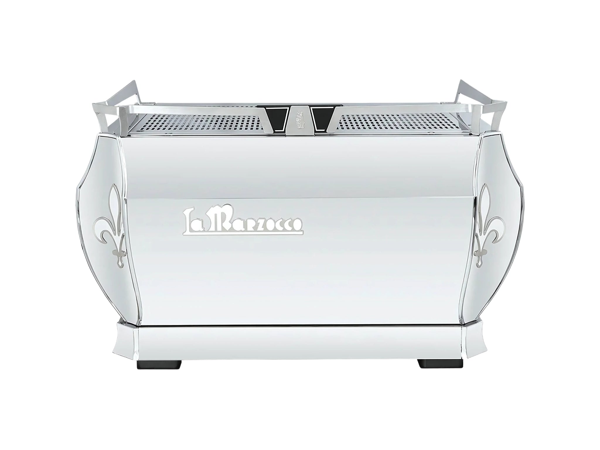 Rear view of the La Marzocco GB5 X 2 Group Espresso Coffee Machine Stainless – New, showing the stainless steel back panel, and ventilation on a white background.