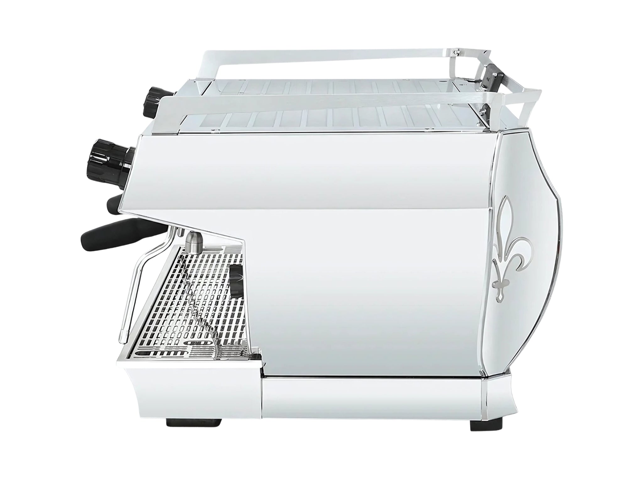 Side profile of the La Marzocco GB5 X 2 Group Espresso Coffee Machine Stainless – New, showing the smooth stainless steel body, one Pro Touch steam wand, and high cup clearance on a white background.