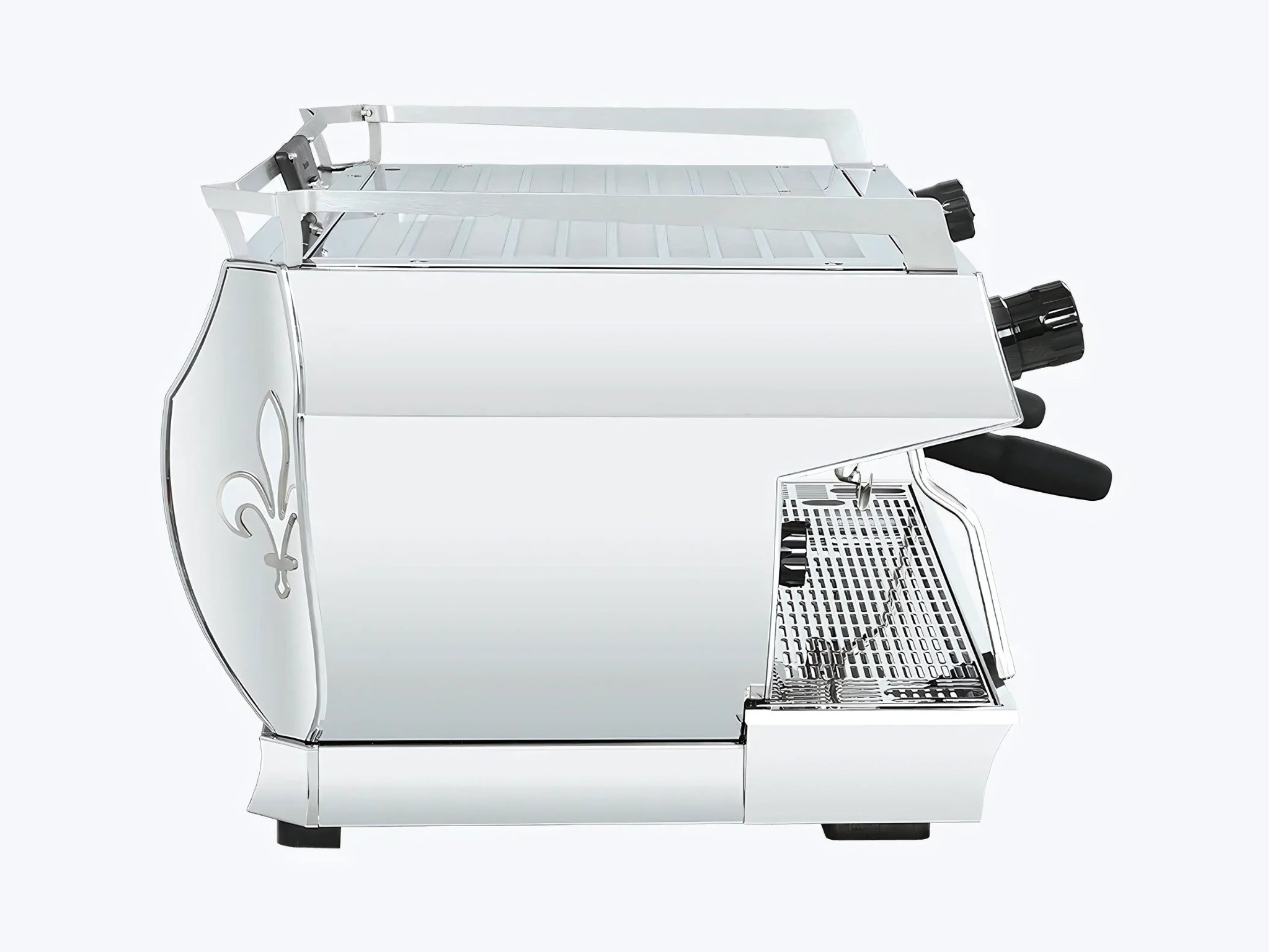 Side profile of the La Marzocco GB5 X 2 Group Espresso Coffee Machine Stainless – New, showing the smooth stainless steel body, one Pro Touch steam wand, and high cup clearance on a white background.