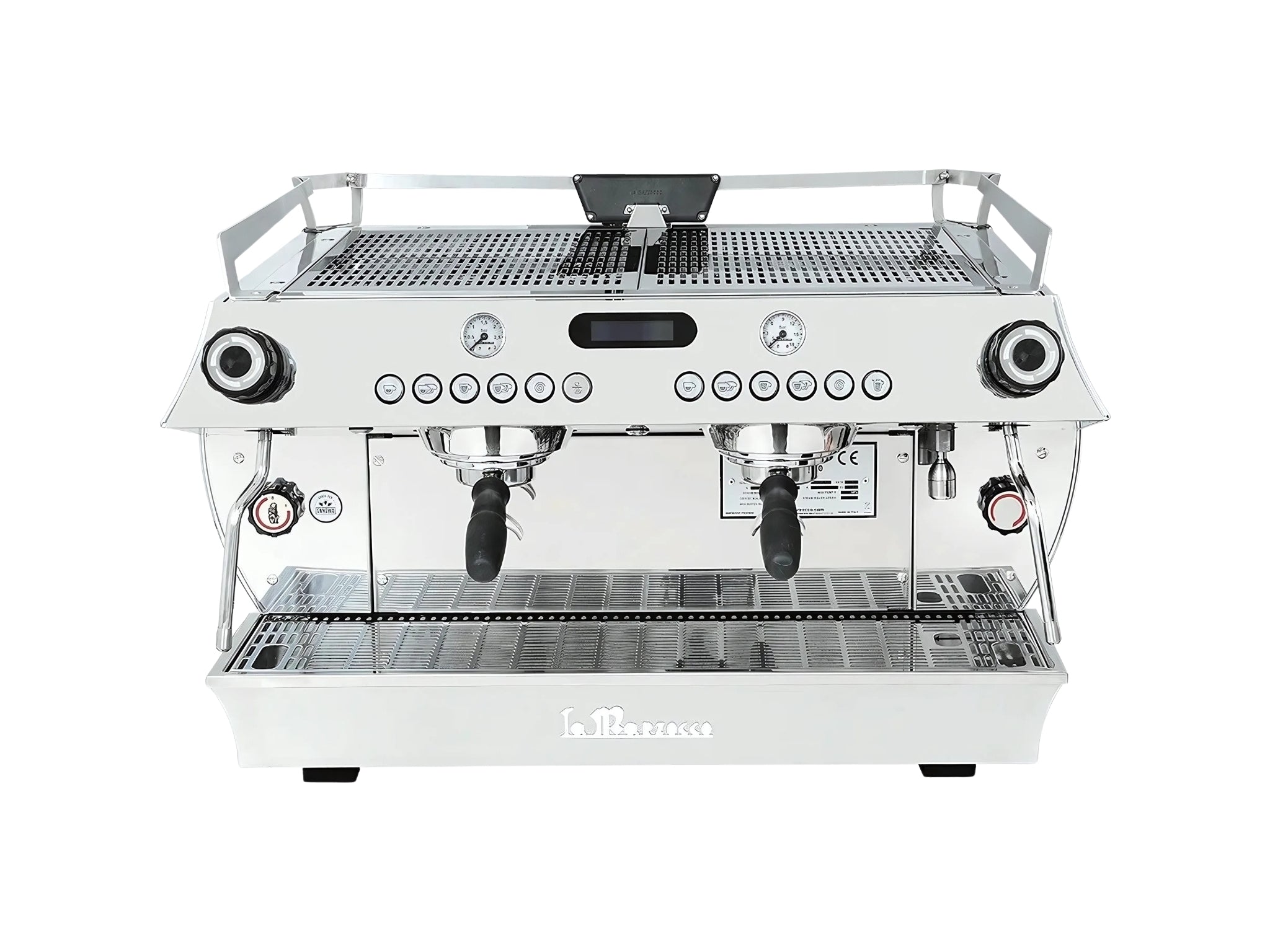 Front and top view of the La Marzocco GB5 X 2 Group Espresso Coffee Machine Stainless – New, displaying the stainless steel cup tray, group heads, control interface, and dimmable barista lights on a clean white background.