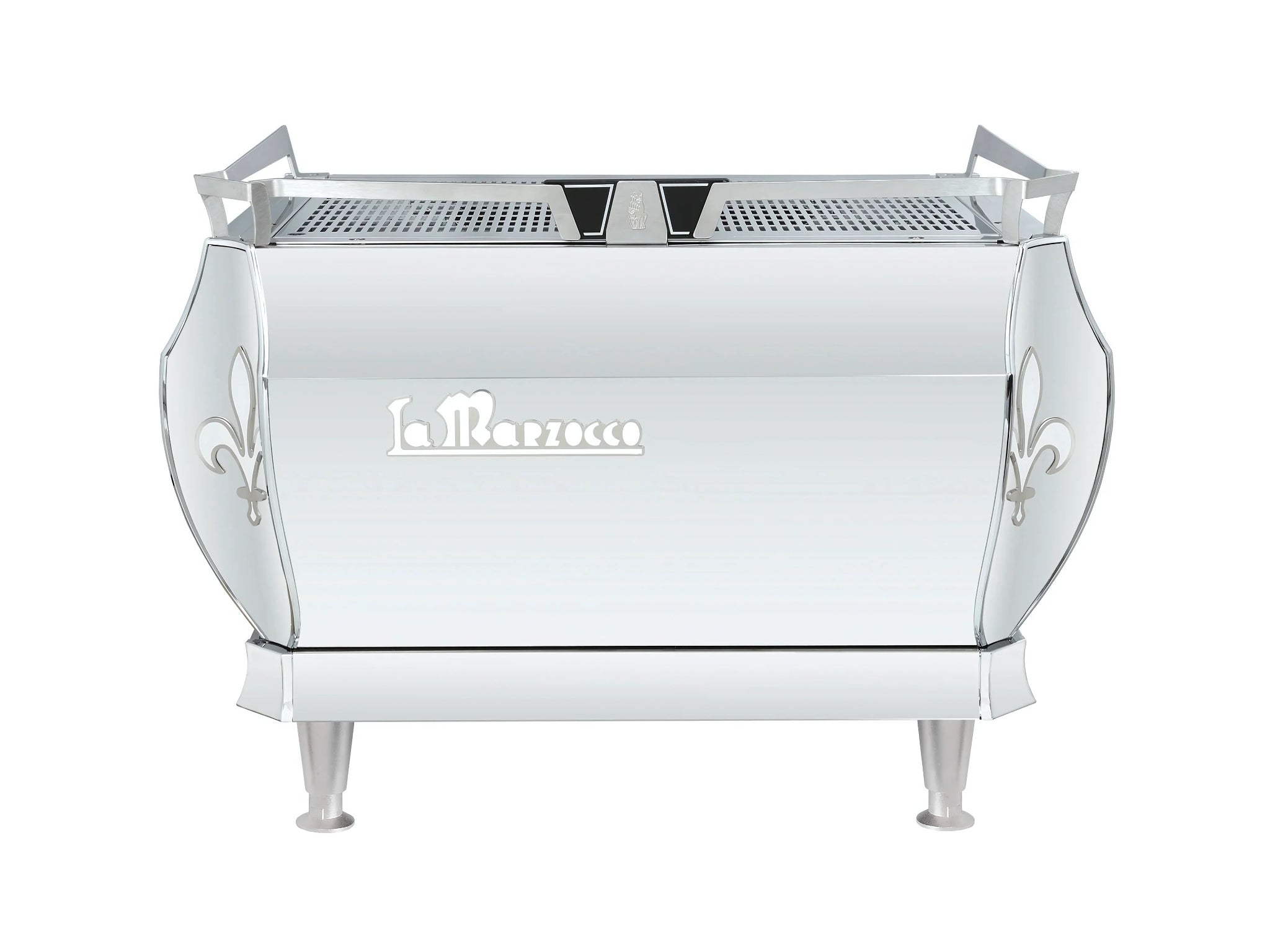 La Marzocco GB5 X ABR 2 Group Stainless Espresso Coffee Machine with high feet, rear view on a white background, showing the stainless steel body and machine panels.
