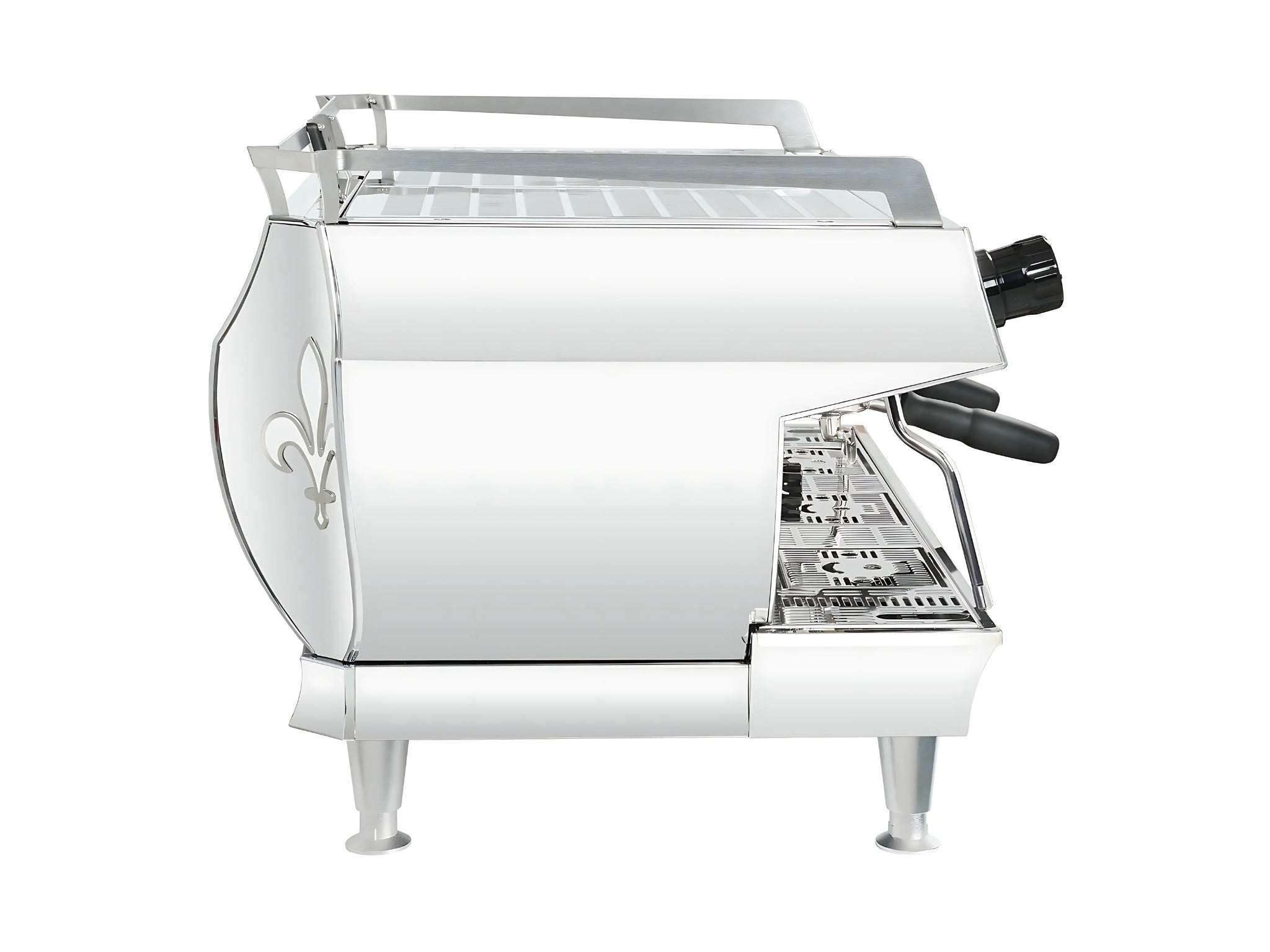 La Marzocco GB5 X ABR 2 Group Stainless Espresso Coffee Machine with high feet, side view on a clean white background, showing dual steam wands, side panels, and drip tray.