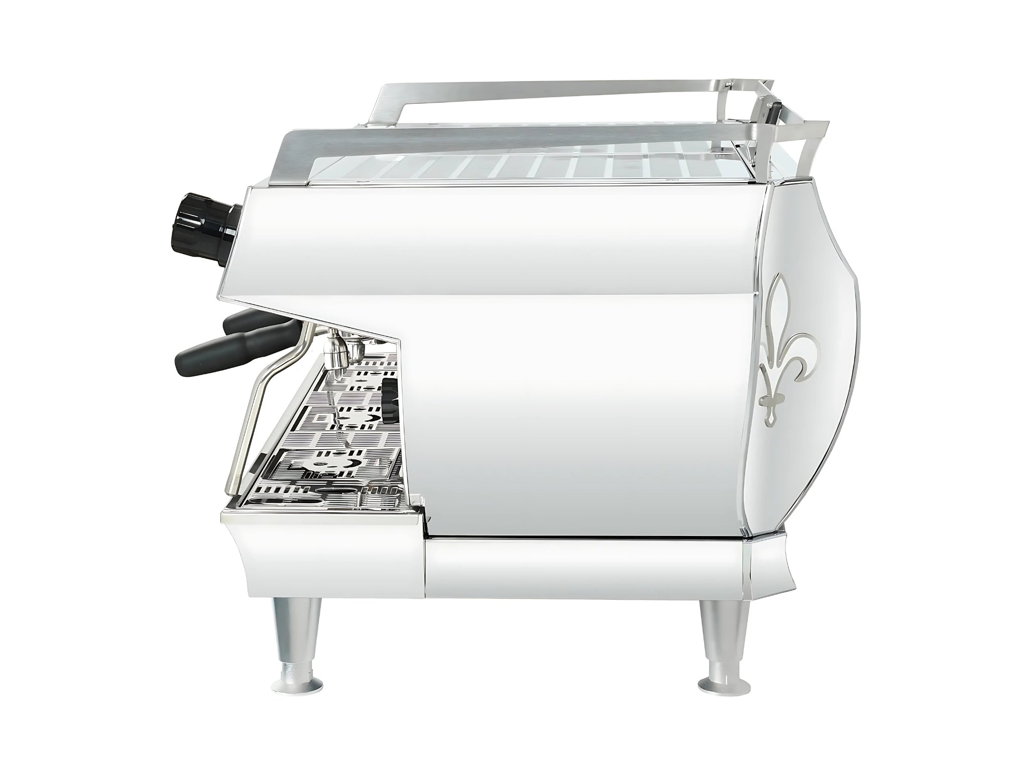 La Marzocco GB5 X ABR 2 Group Stainless Espresso Coffee Machine with high feet, side view on a clean white background, showing dual steam wands, side panels, and drip tray.