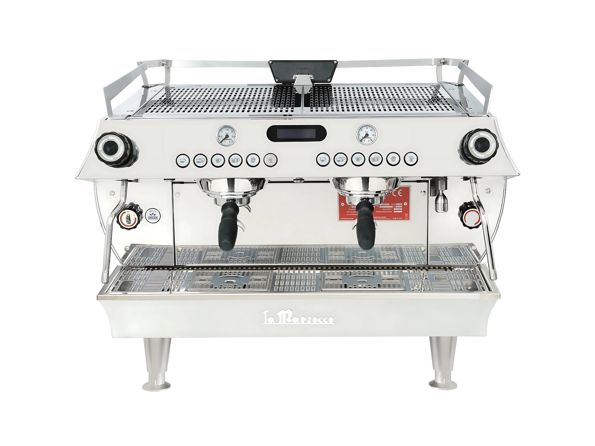 La Marzocco GB5 X ABR 2 Group Stainless Espresso Coffee Machine with high feet, front view angled slightly downwards to show the top cup tray, group heads, and control buttons on a white background.