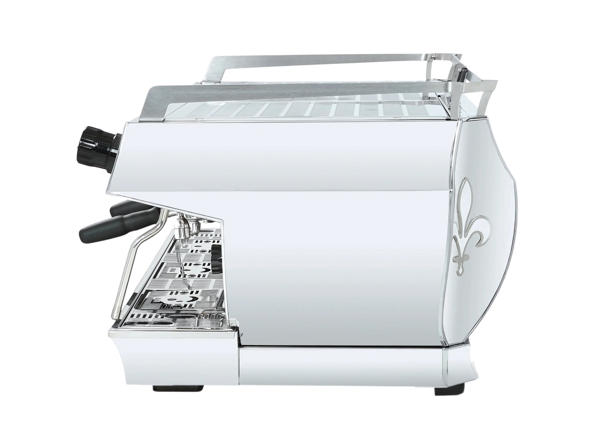 La Marzocco GB5 X ABR 2 Group Coffee Machine Stainless - New, left side view displaying stainless steel exterior, side profile of dual steam wands, and high cup clearance on a white background.