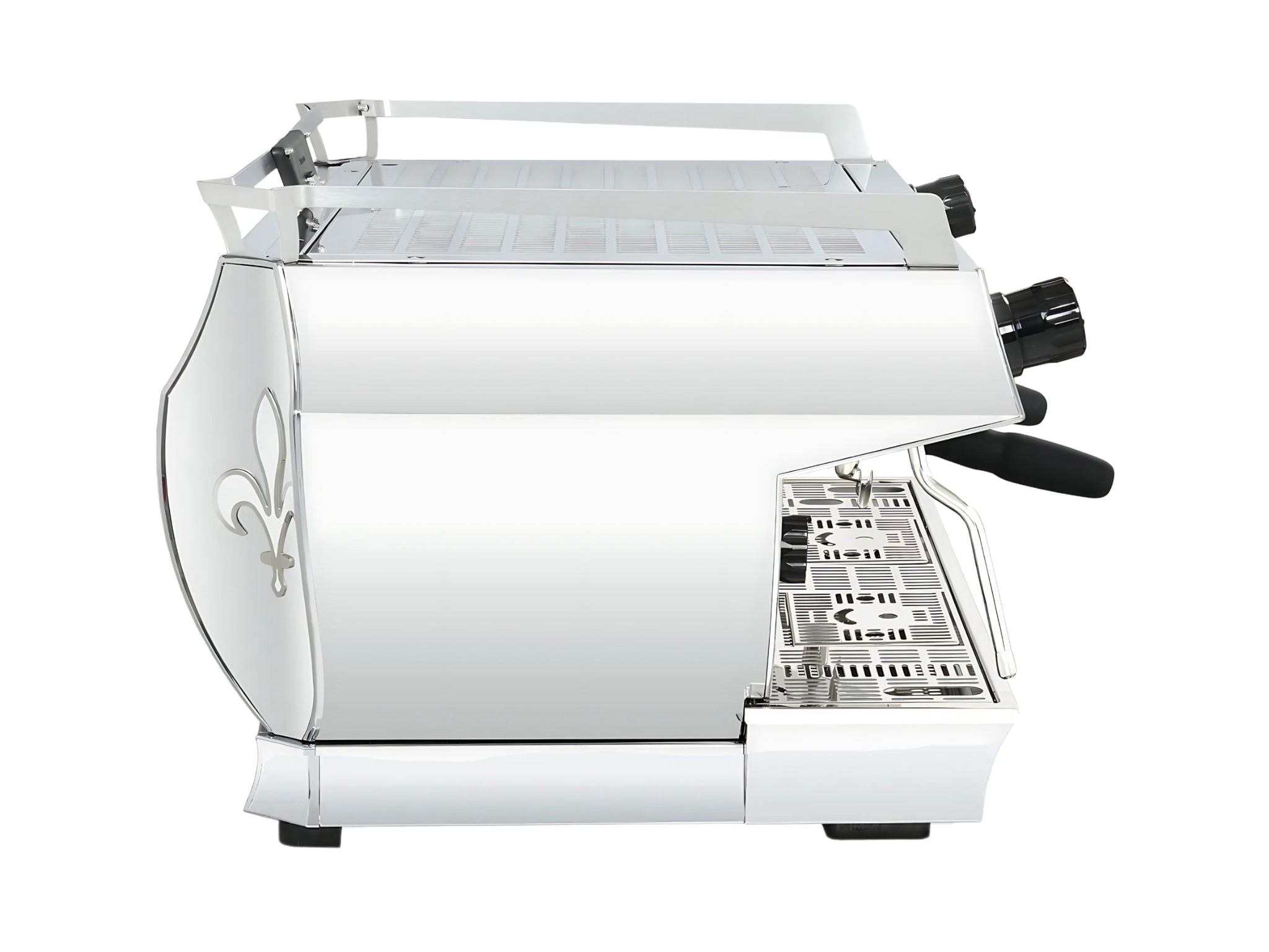 La Marzocco GB5 X ABR 2 Group Coffee Machine Stainless - New, left side view displaying stainless steel exterior, side profile of dual steam wands, and high cup clearance on a white background.