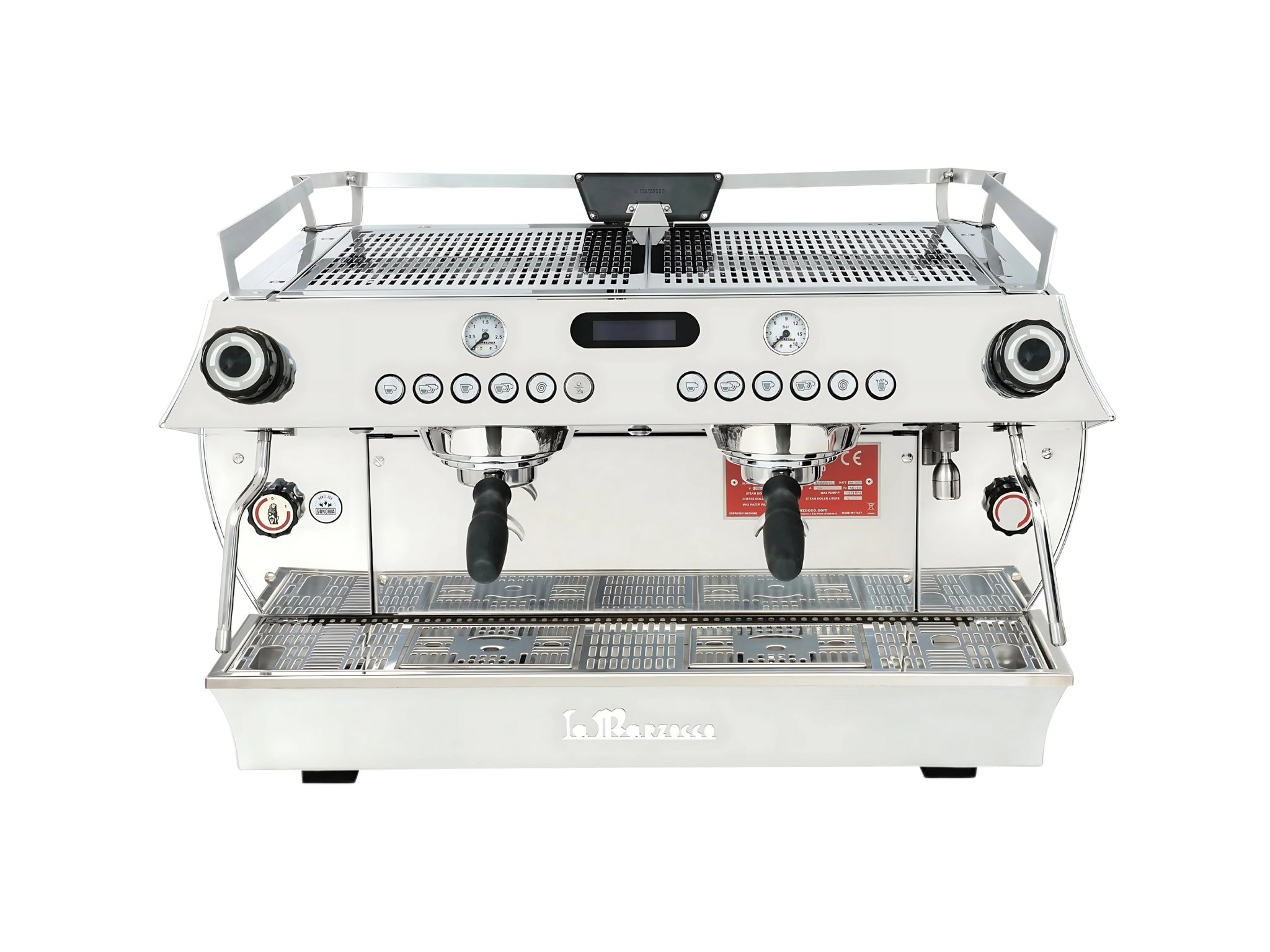 La Marzocco GB5 X ABR 2 Group Coffee Machine Stainless - New, top-front view showing cup tray, stainless steel finish, dual steam wands, ABR drip tray scales, and programmable group head buttons on a clean white background.