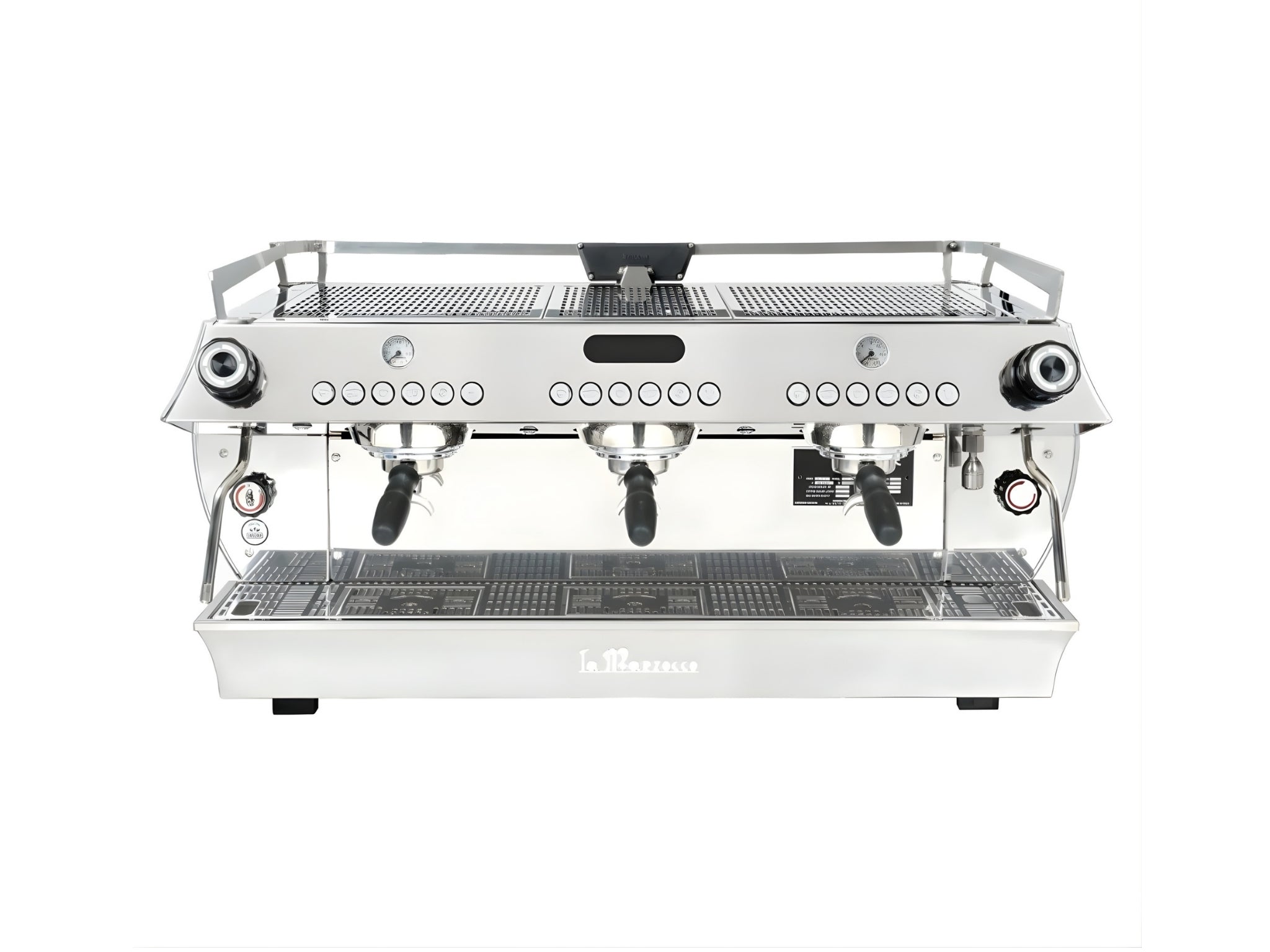 Top view of La Marzocco GB5 X ABR 3 Group Coffee Machine Stainless - New on white background, showing cup tray, group heads, and sleek stainless steel design for café espresso preparation.
