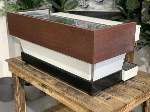 La Marzocco Linea 3 Group White & Timber W Chronos - Used on wooden table with plants in background