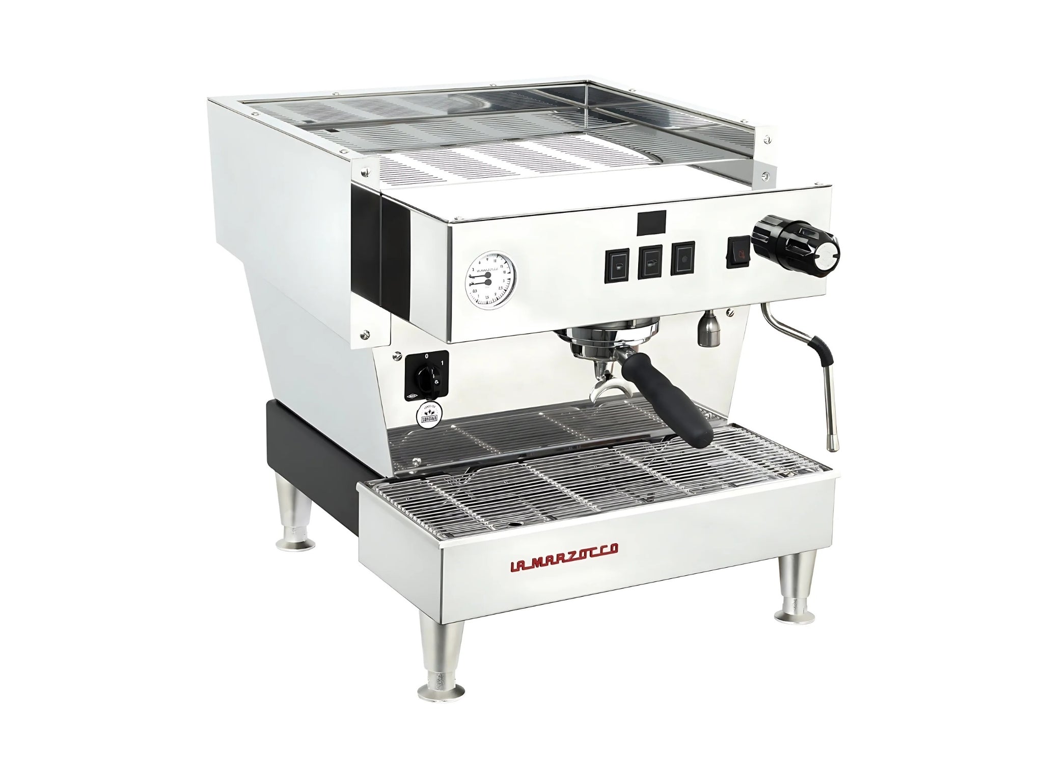 La Marzocco Linea Classic S AV 1 Group Coffee Machine Stainless – New espresso coffee machine shown on a clean white background, angled to display its stainless steel body, dual steam wands, cup tray, and control panel.