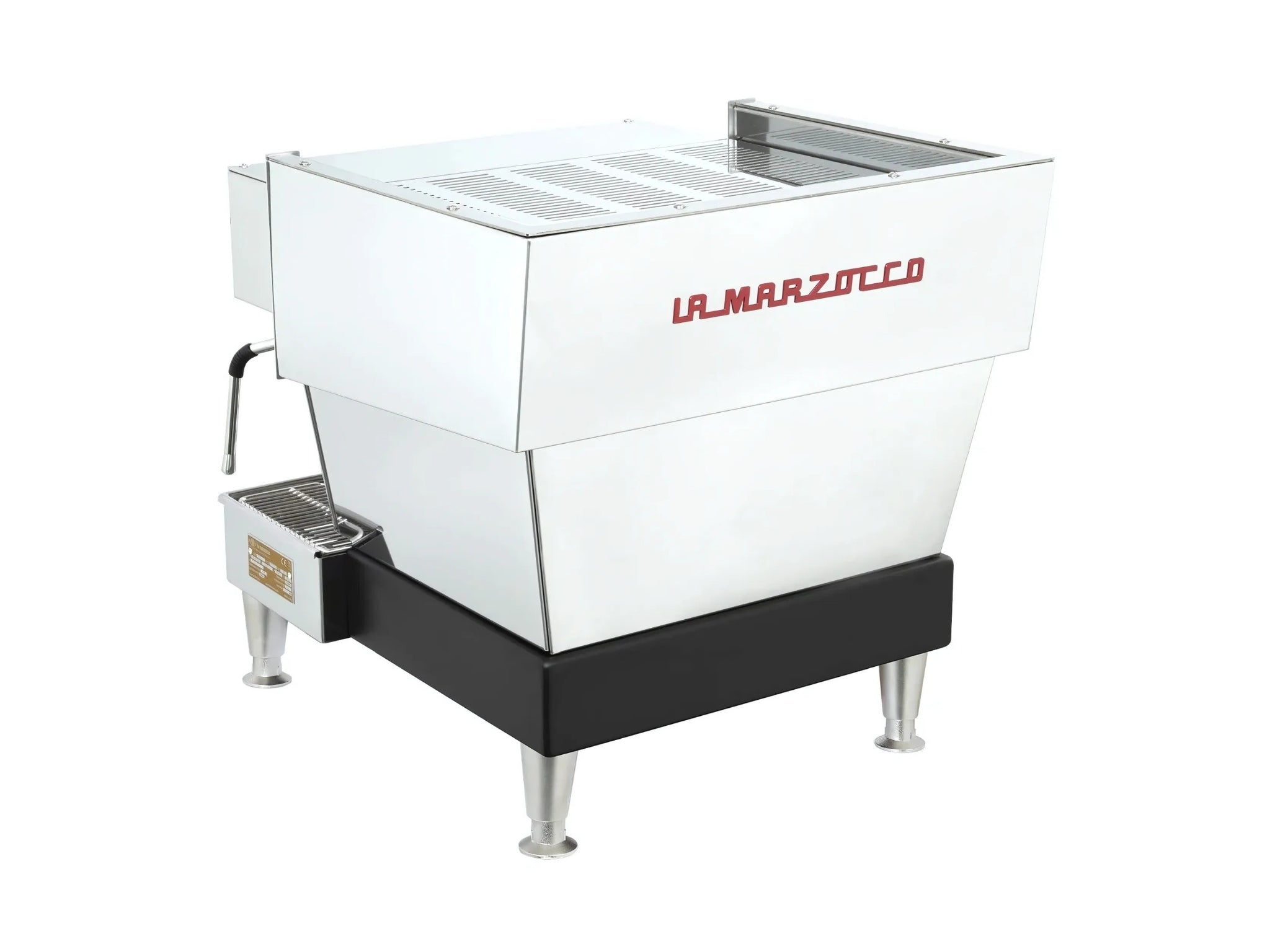 La Marzocco Linea Classic S AV 1 Group Coffee Machine Stainless – New espresso coffee machine photographed at an angled back view, displaying the stainless steel panels, cup tray, and rear profile.