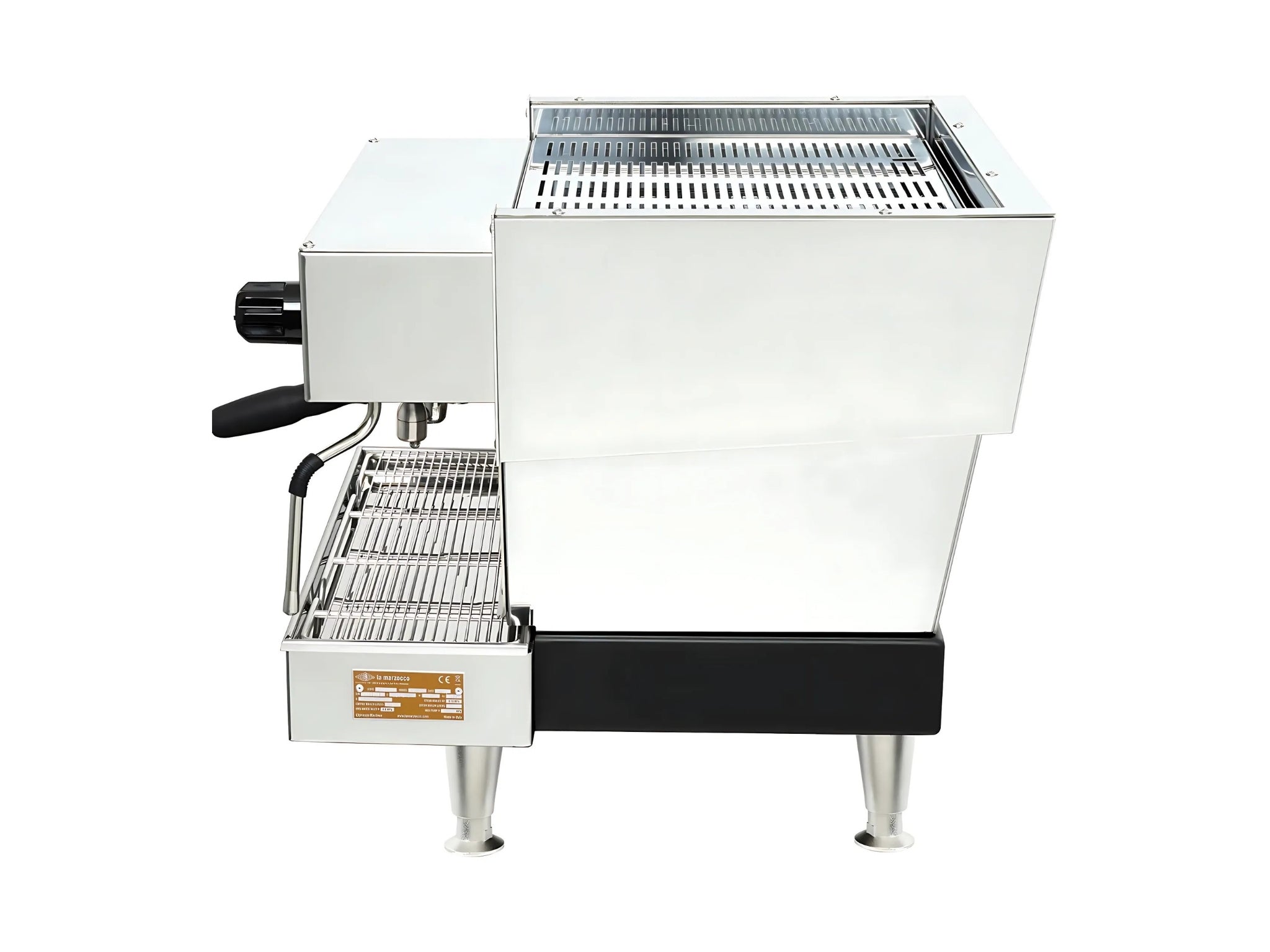 La Marzocco Linea Classic S AV 1 Group Coffee Machine Stainless – New espresso coffee machine side view, showing the stainless steel body, side panel design, and steam wand positioning.