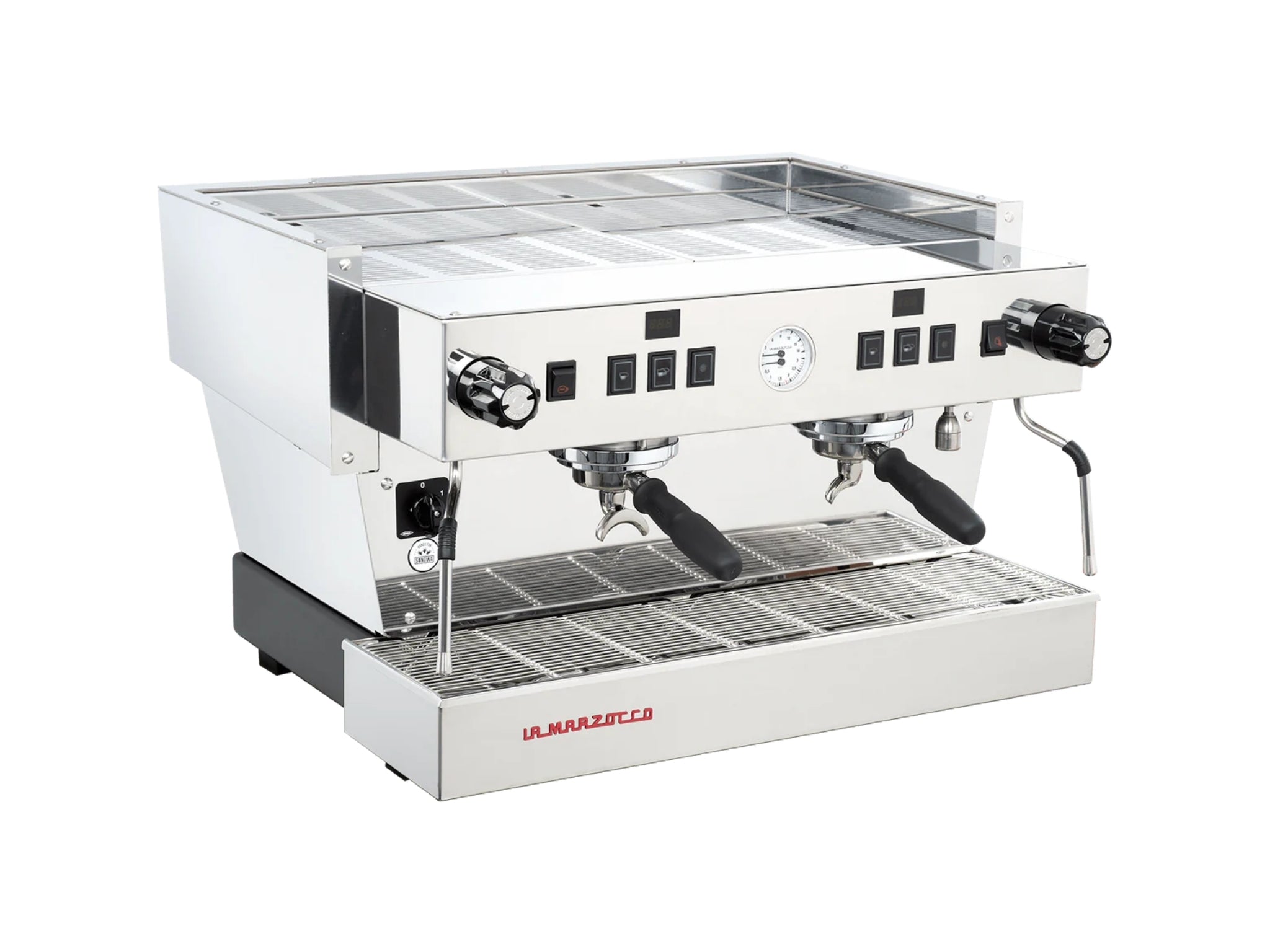 La Marzocco Linea Classic S AV 2 Group Coffee Machine Stainless - New angled view, showing the dual espresso group heads, dual steam wands, and stainless steel body with visible control buttons and cup tray.