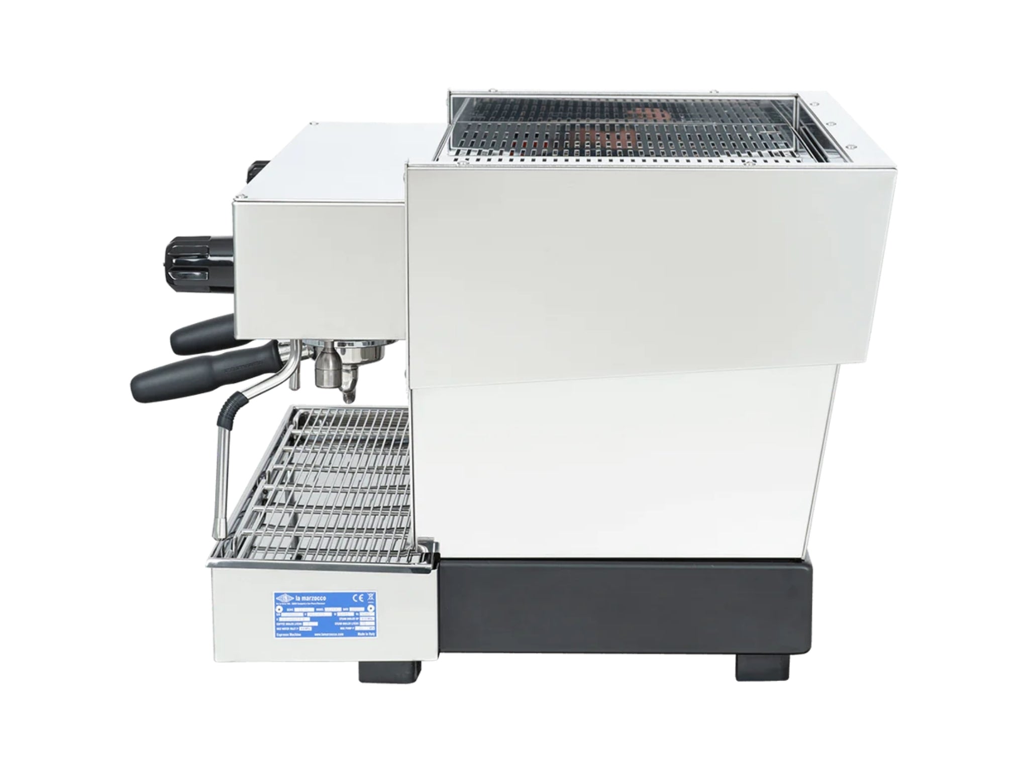 La Marzocco Linea Classic S AV 2 Group Coffee Machine Stainless - New side view showcasing the dual steam wands, dual espresso group heads, and stainless steel body.