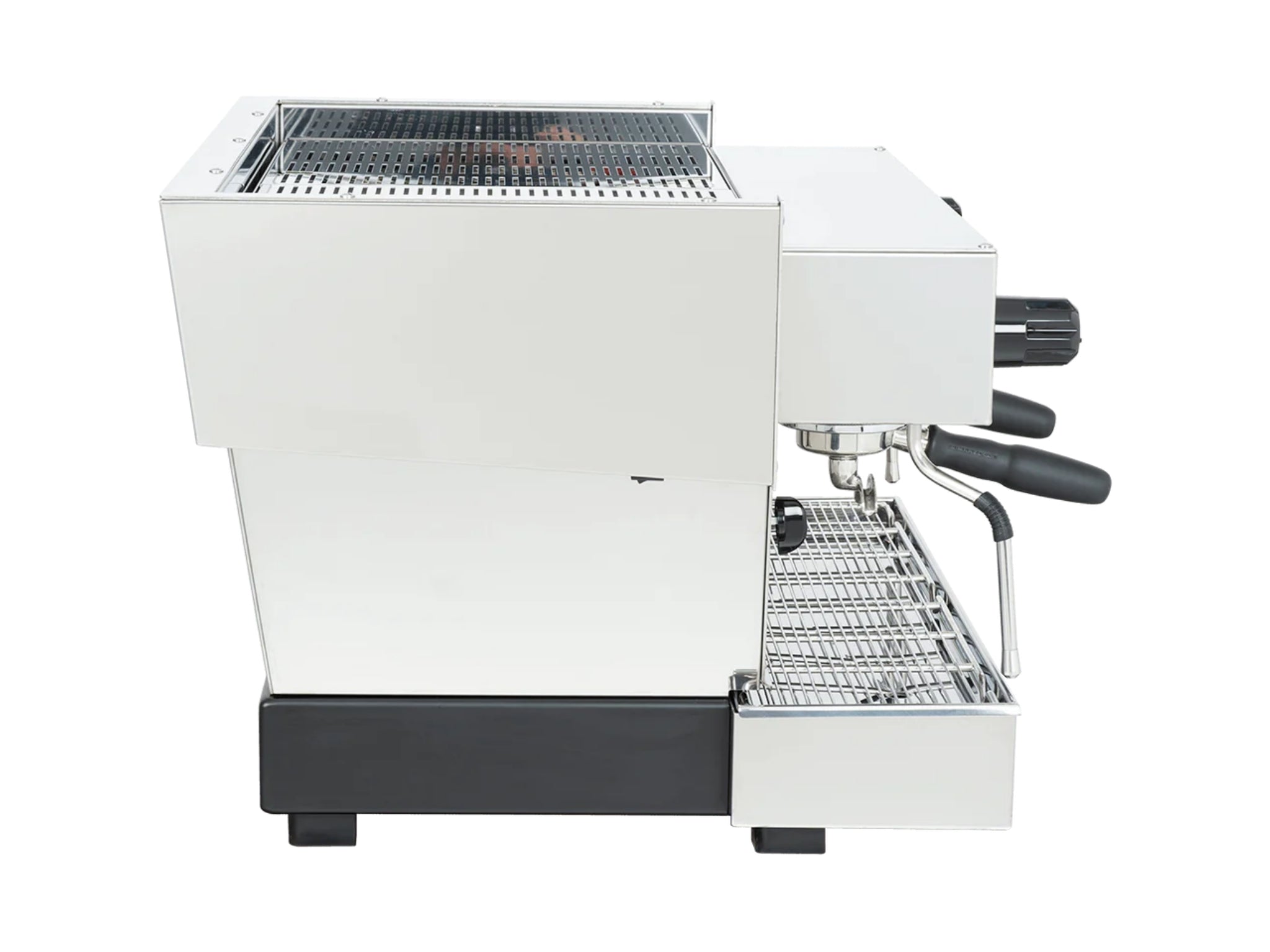 La Marzocco Linea Classic S AV 2 Group Coffee Machine Stainless - New side view showcasing the dual steam wands, dual espresso group heads, and stainless steel body.