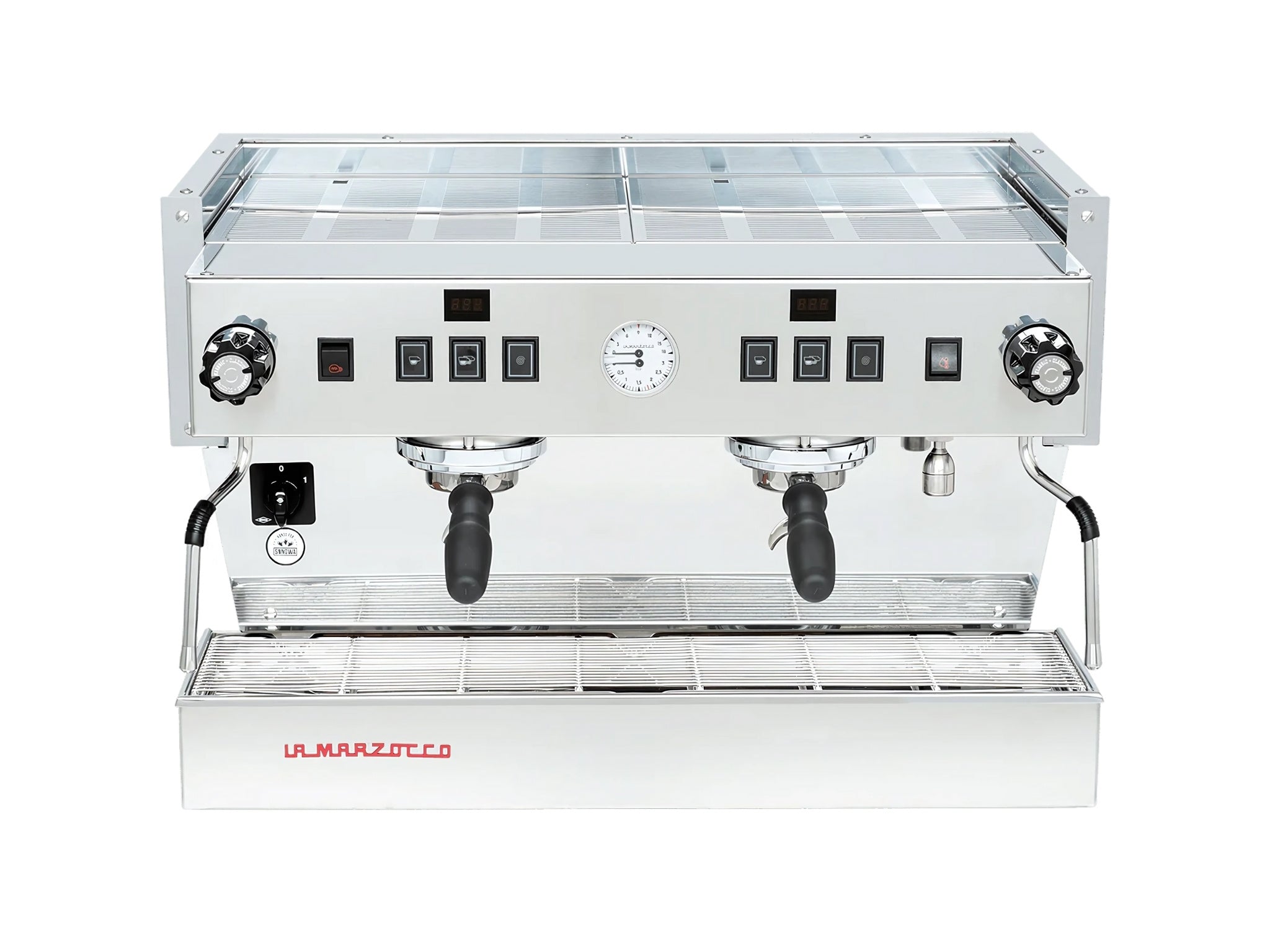 La Marzocco Linea Classic S AV 2 Group Coffee Machine Stainless - New front-on view from a higher angle, revealing the top surface, cup tray, dual espresso group heads, and control buttons on the stainless steel body.