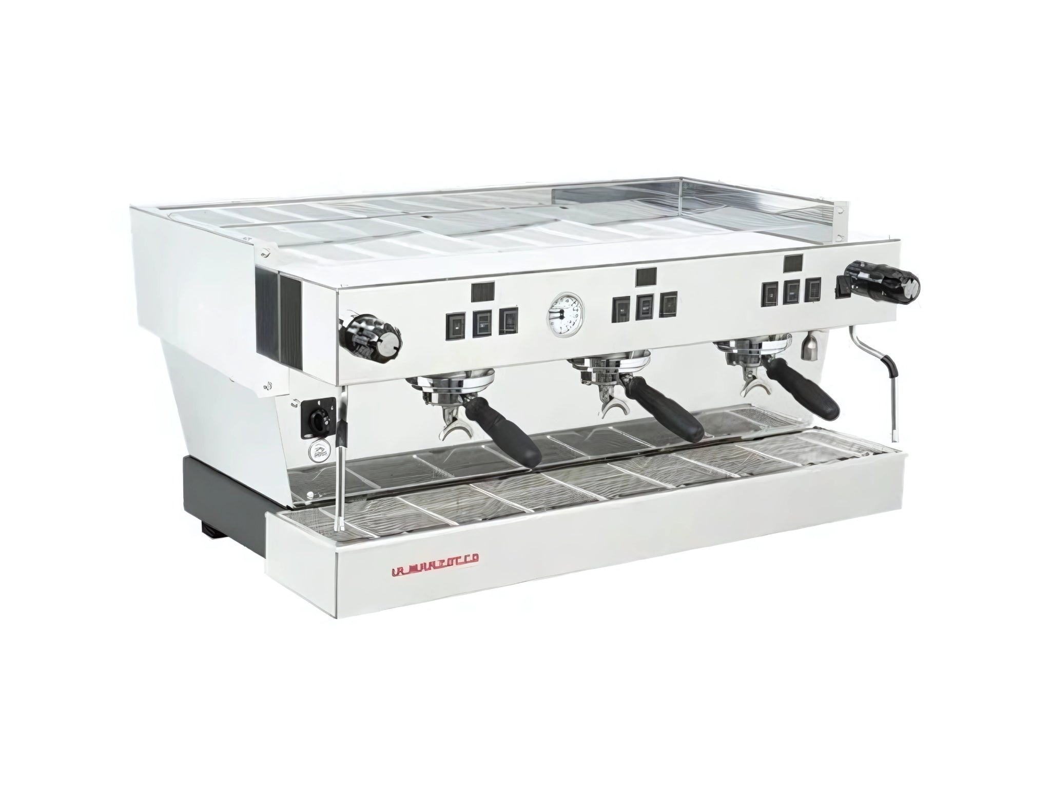 La Marzocco Linea Classic S 3 Group Coffee Machine Stainless - New espresso machine shown on an angle, highlighting the stainless steel body, three group heads, dual steam wands, cup tray, and control buttons.