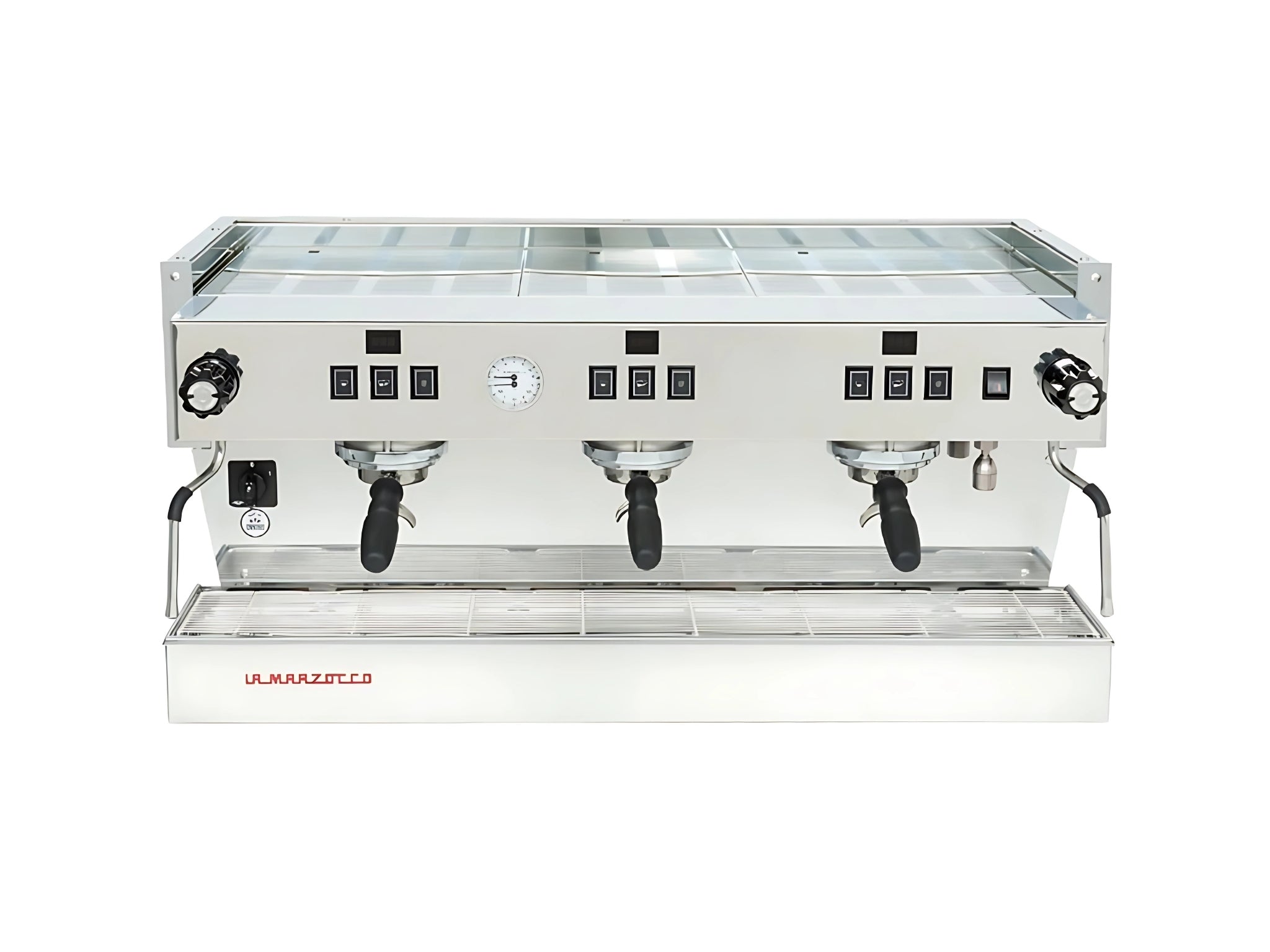La Marzocco Linea Classic S 3 Group Coffee Machine Stainless - New stainless steel espresso machine photographed front-on from above, revealing the cup tray surface, three group heads, control buttons, and dual steam wands.