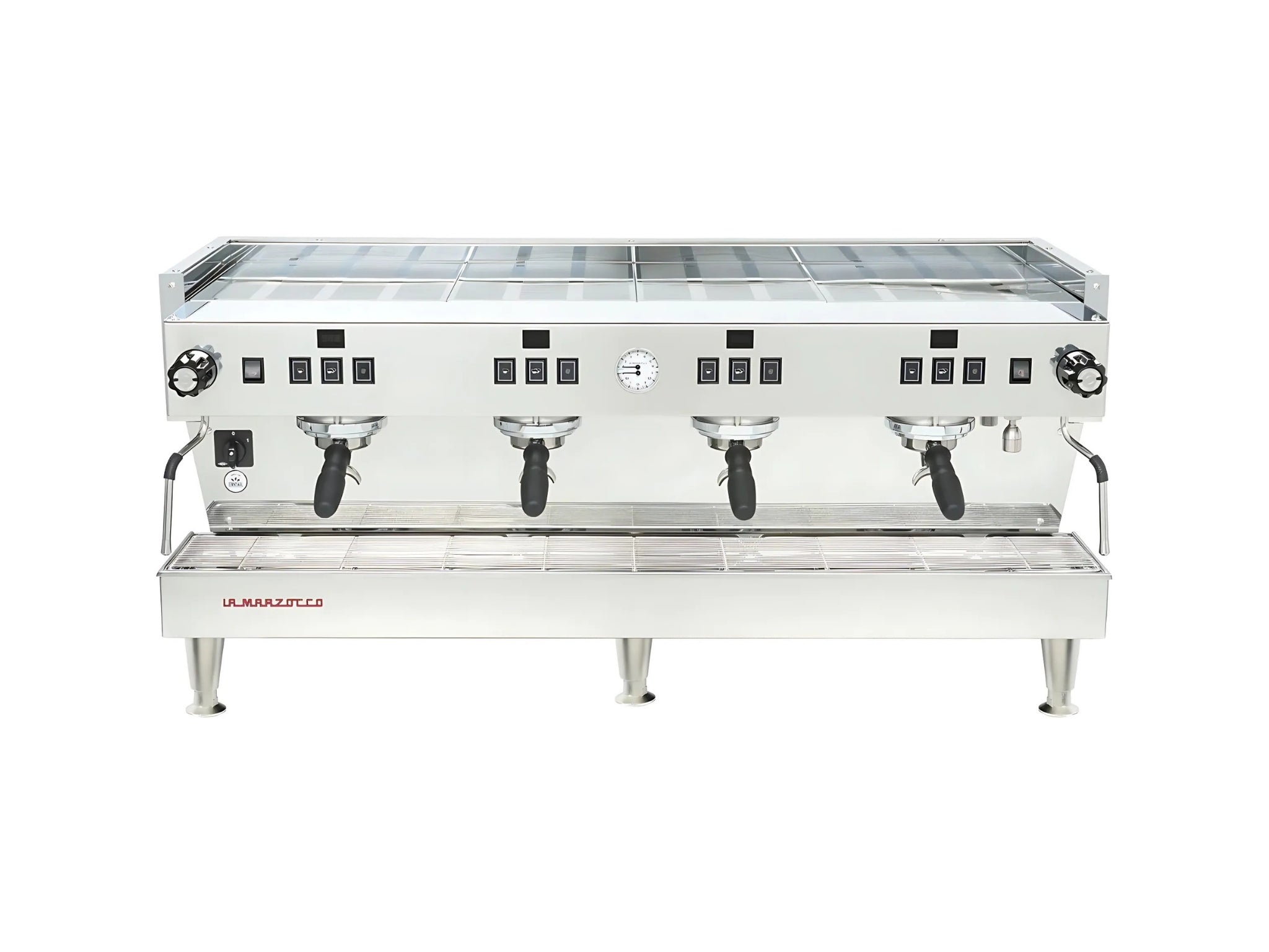 La Marzocco Linea Classic S 4 Group Coffee Machine Stainless - New stainless steel espresso machine photographed front-on from above, revealing the spacious cup tray, four group heads, control buttons, and dual steam wands.