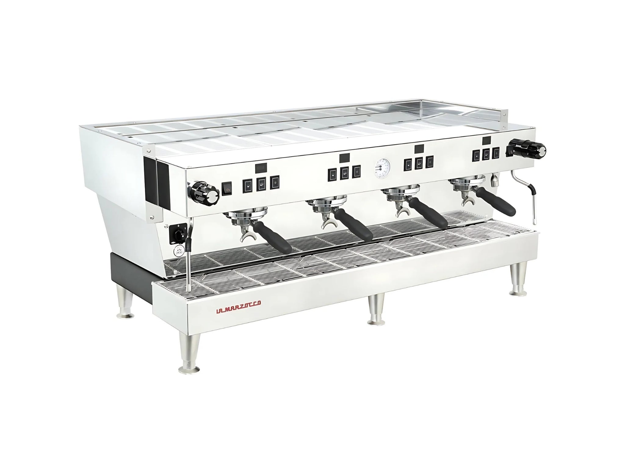 La Marzocco Linea Classic S 4 Group Coffee Machine Stainless - New espresso machine shown at an angle, highlighting the stainless steel body, four group heads, dual steam wands, and programmable controls.