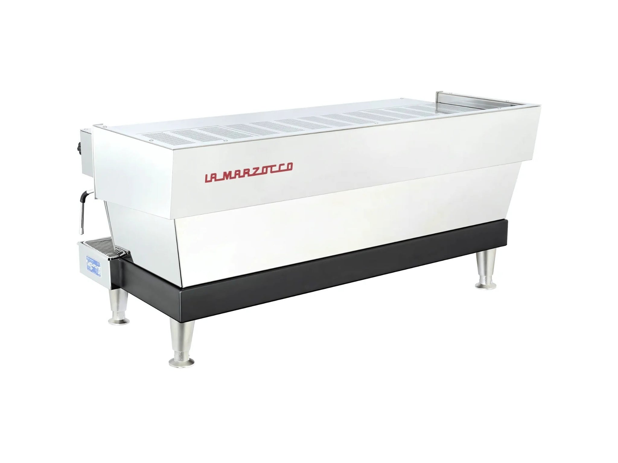 La Marzocco Linea Classic S 4 Group Coffee Machine Stainless - New espresso machine viewed from an angled back perspective, showcasing the stainless steel panels, structured design, and durable build.