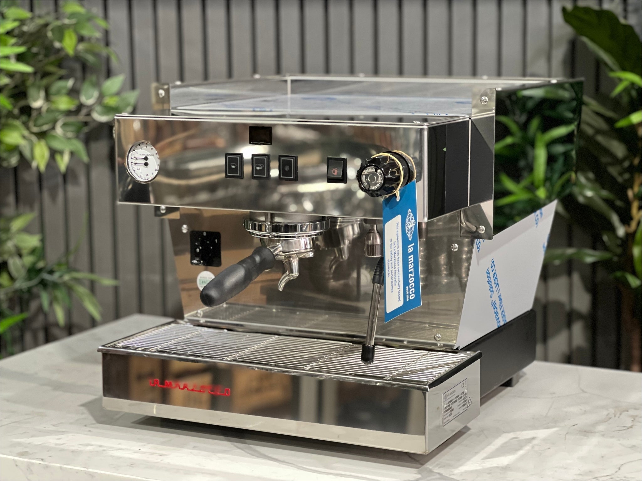 La Marzocco Linea Classic S AV 1 Group Coffee Machine Stainless – New espresso coffee machine displayed at an angled view, showing its stainless steel body, dual steam wands, cup tray, and front control panel.