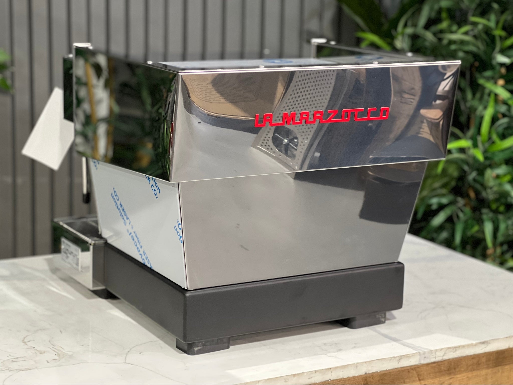 La Marzocco Linea Classic S AV 1 Group Coffee Machine Stainless – New espresso coffee machine photographed at an angled back view, highlighting the stainless steel panels, cup tray, and rear detail.
