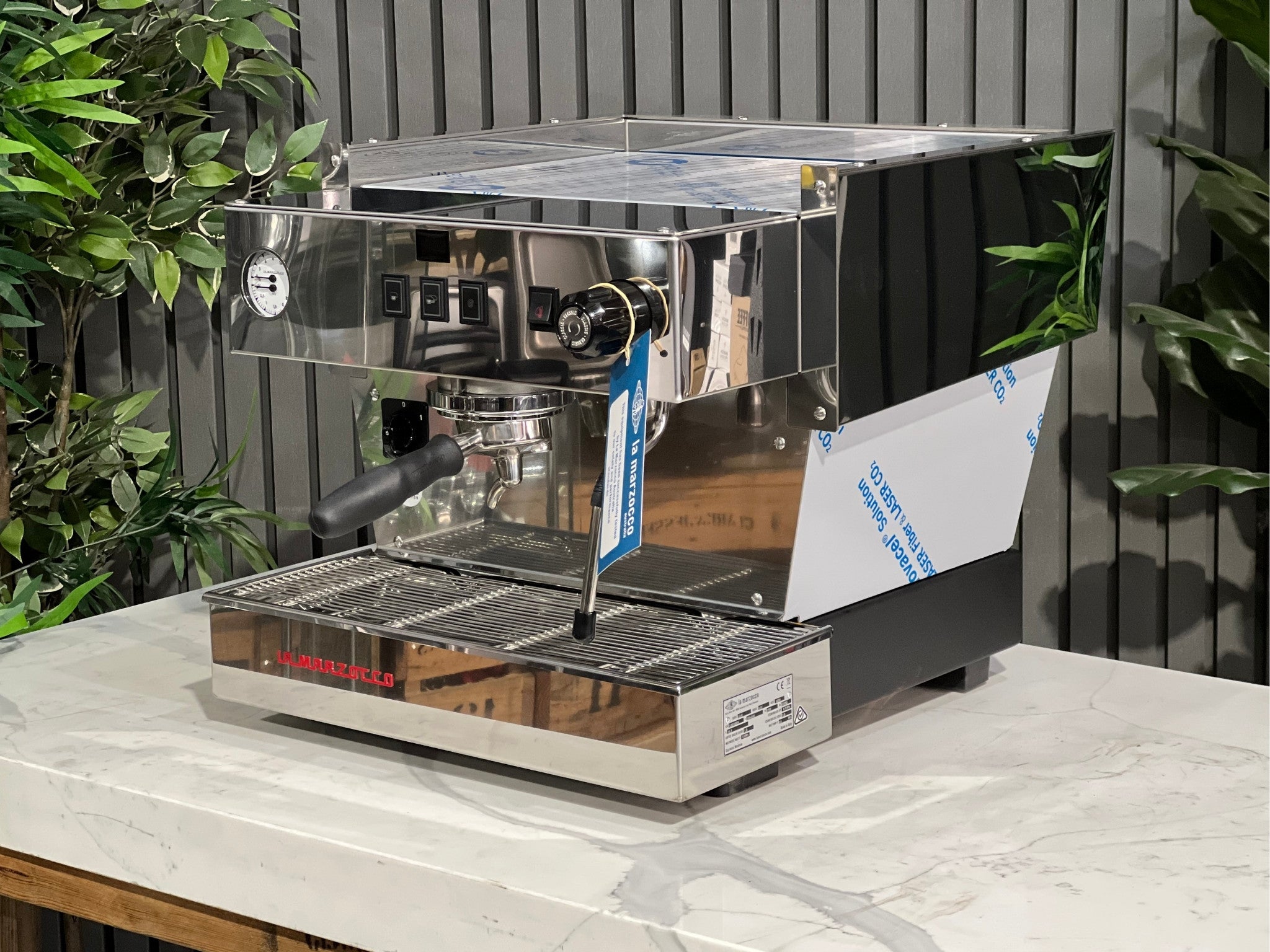 La Marzocco Linea Classic S AV 1 Group Coffee Machine Stainless – New espresso coffee machine displayed at an angled view, showing its stainless steel body, dual steam wands, cup tray, and front control panel.