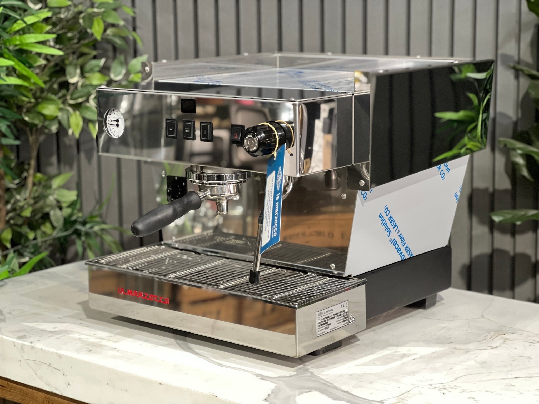 La Marzocco Linea Classic S AV 1 Group Coffee Machine Stainless – New espresso coffee machine displayed at an angled view, showing its stainless steel body, dual steam wands, cup tray, and front control panel.