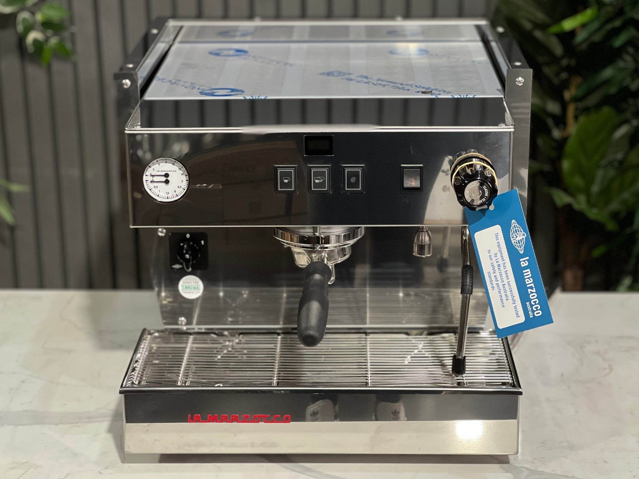 La Marzocco Linea Classic S AV 1 Group Coffee Machine Stainless – New espresso coffee machine photographed from a higher front angle, revealing the stainless steel top cup tray, group head, steam wands, and control panel.