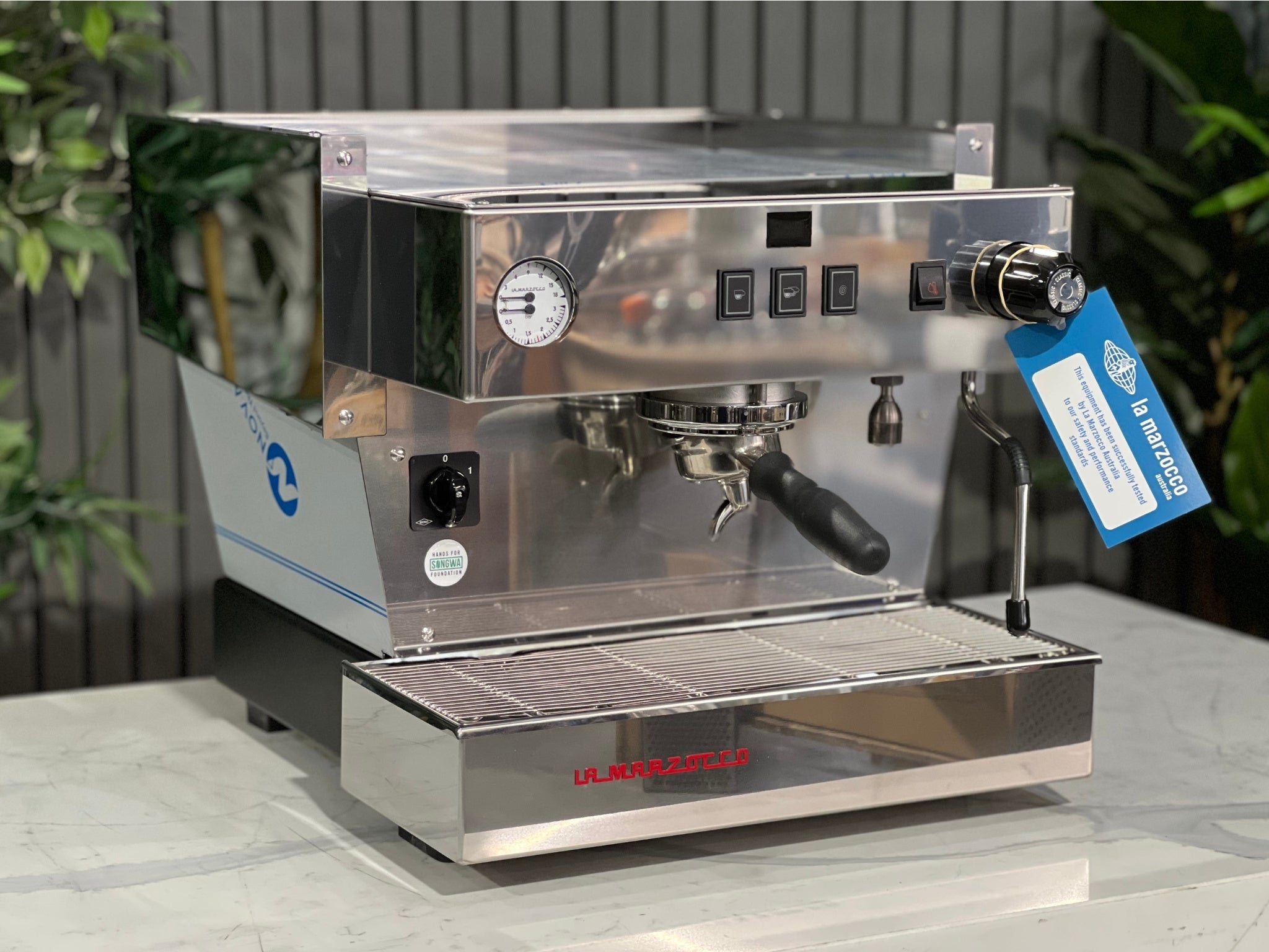 La Marzocco Linea Classic S AV 1 Group Coffee Machine Stainless – New espresso coffee machine displayed at an angled view, showing its stainless steel body, dual steam wands, cup tray, and front control panel.