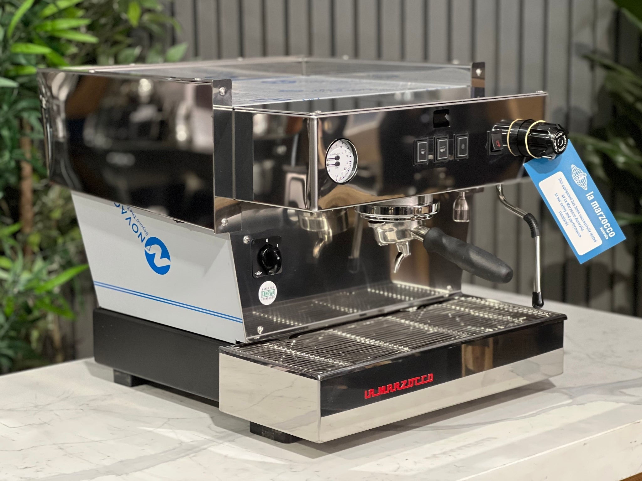 La Marzocco Linea Classic S AV 1 Group Coffee Machine Stainless – New espresso coffee machine displayed at an angled view, showing its stainless steel body, dual steam wands, cup tray, and front control panel.